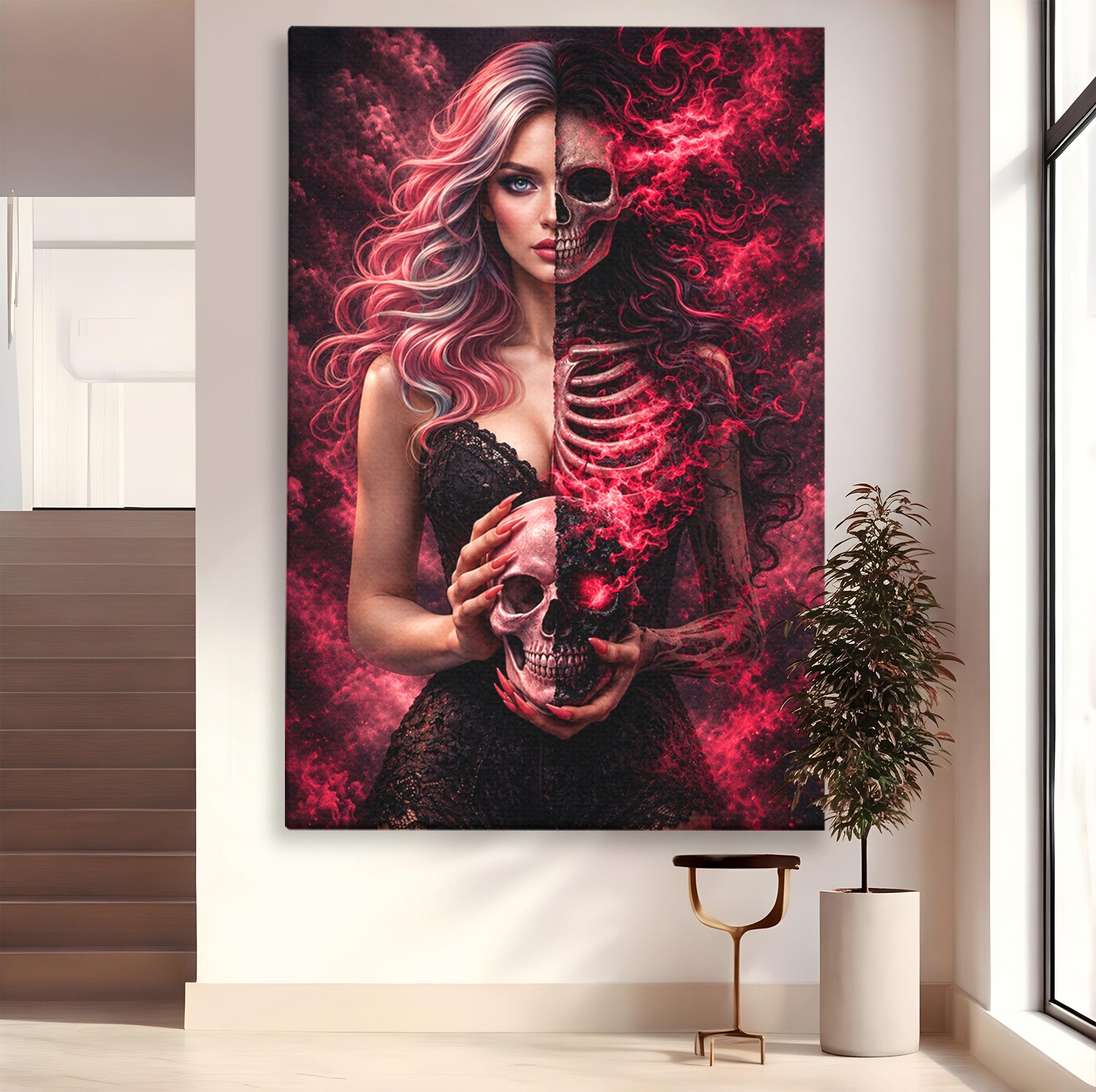 Tablou Canvas Premium LuxCanva® U1054, Dualitatea Vietii Si Mortii, Femeie, Craniu, Foc, Living, Culori Vibrante