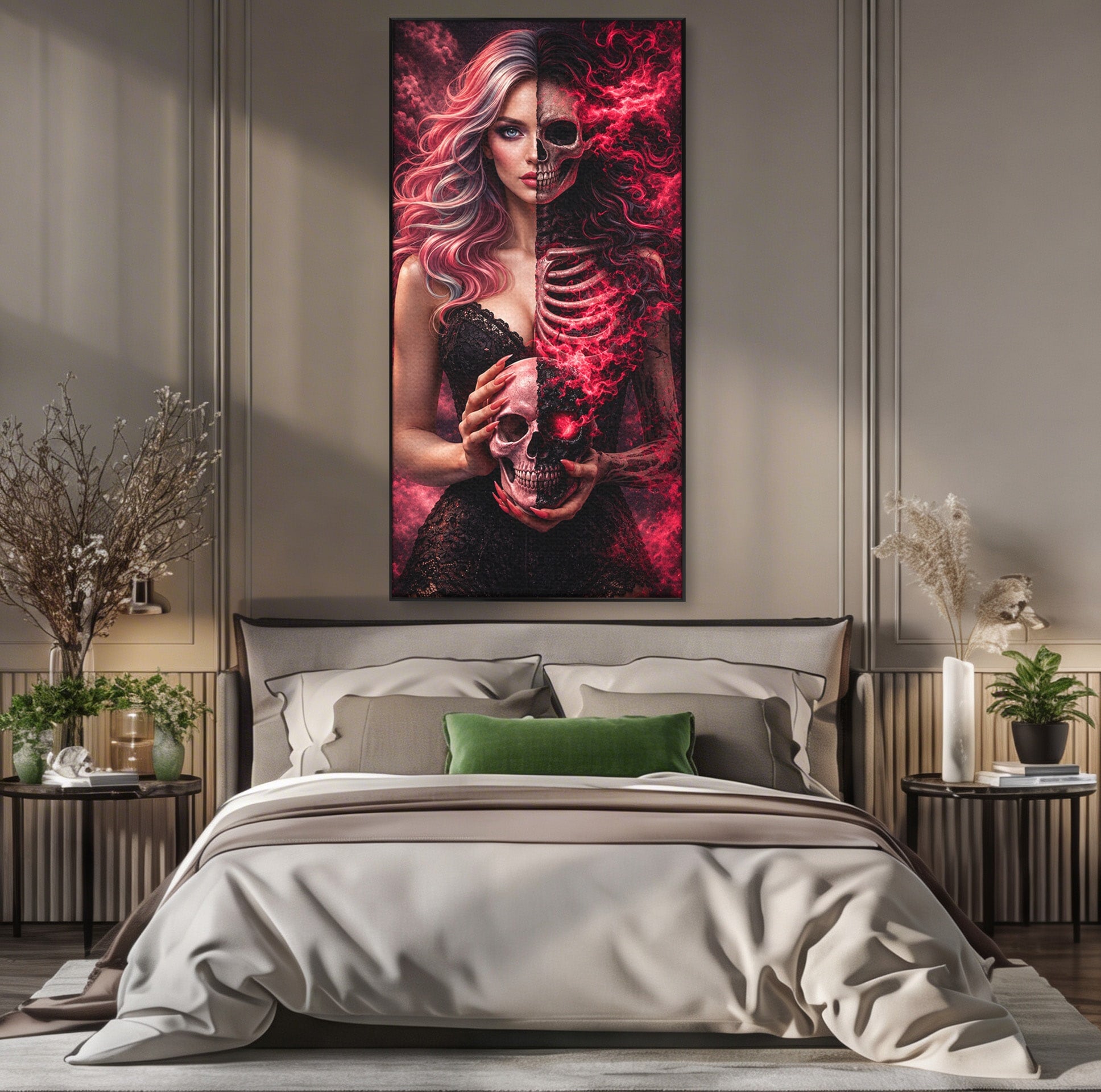 Tablou Canvas Premium LuxCanva® U1054, Dualitatea Vietii Si Mortii, Femeie, Craniu, Foc, Living, Culori Vibrante