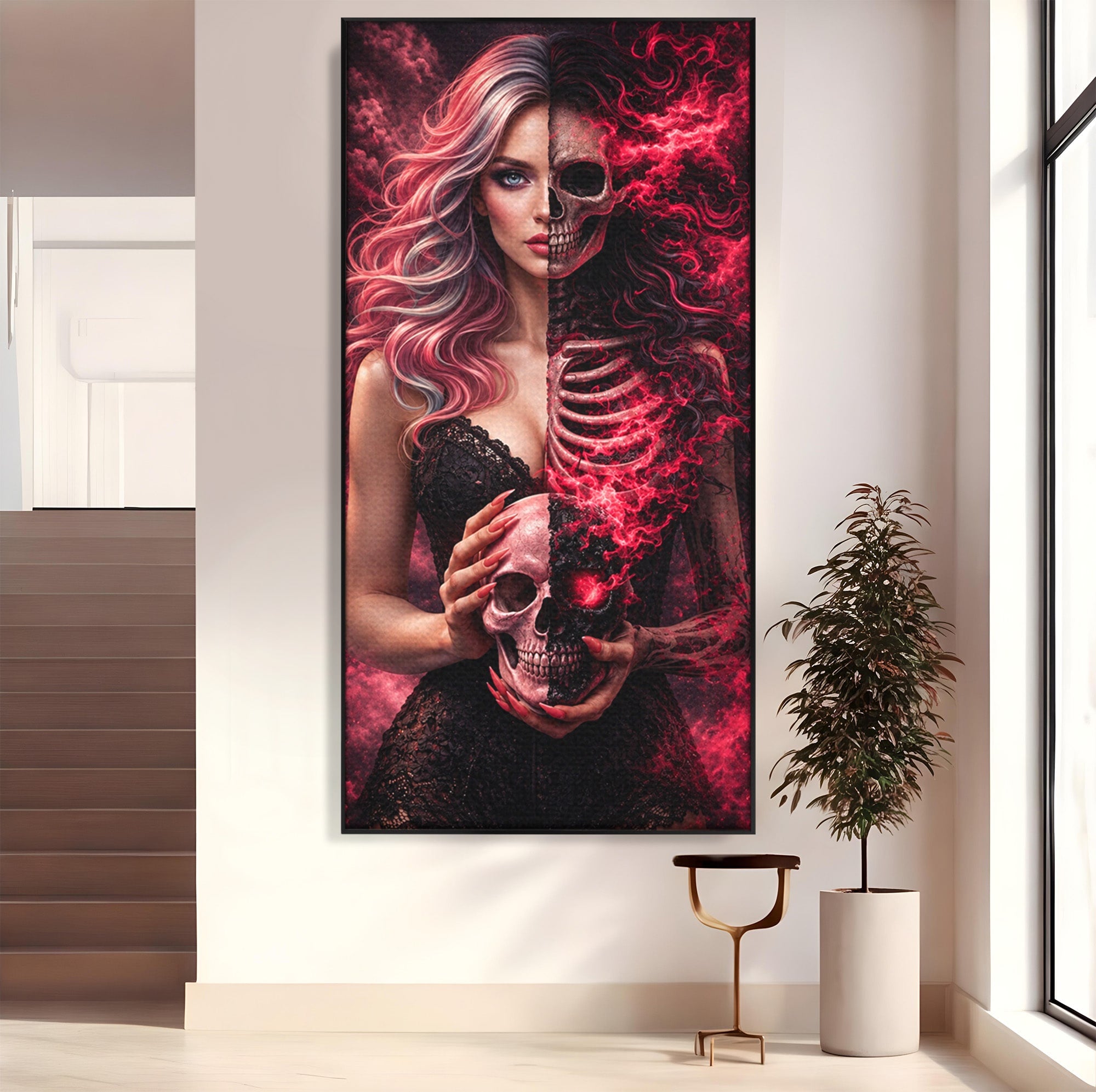 Tablou Canvas Premium LuxCanva® U1054, Dualitatea Vietii Si Mortii, Femeie, Craniu, Foc, Living, Culori Vibrante