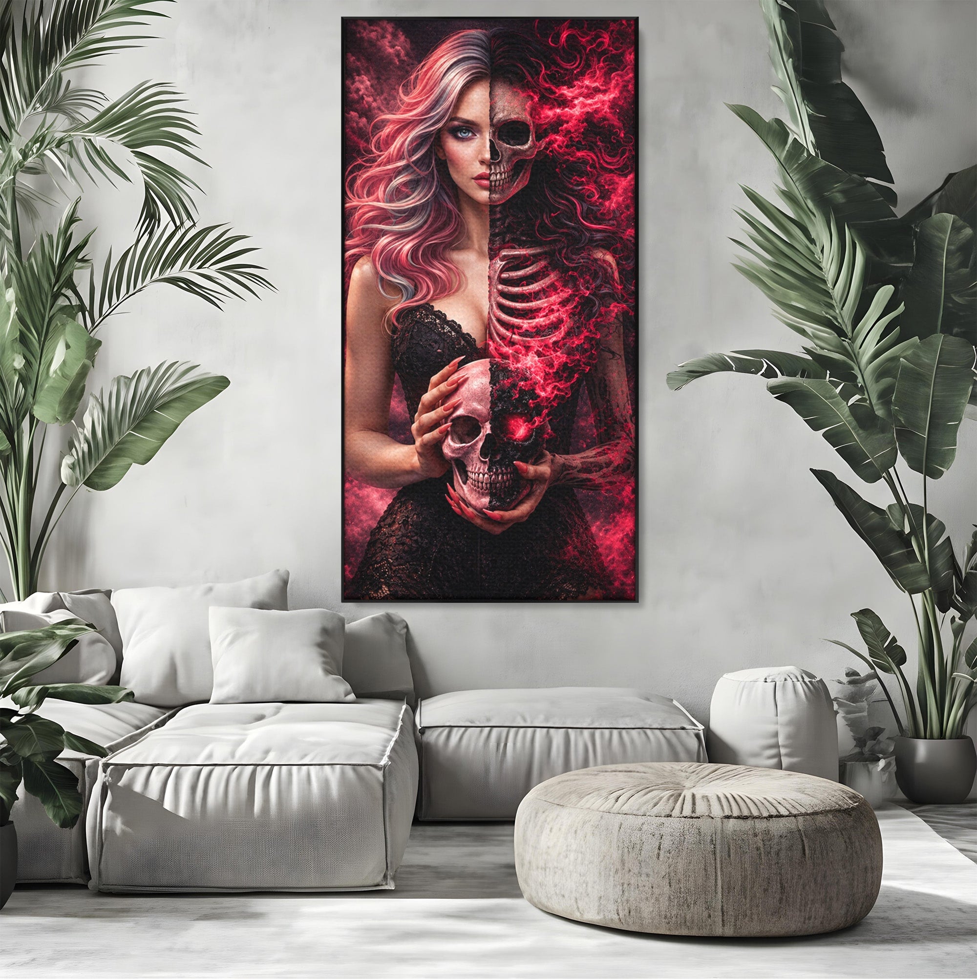 Tablou Canvas Premium LuxCanva® U1054, Dualitatea Vietii Si Mortii, Femeie, Craniu, Foc, Living, Culori Vibrante