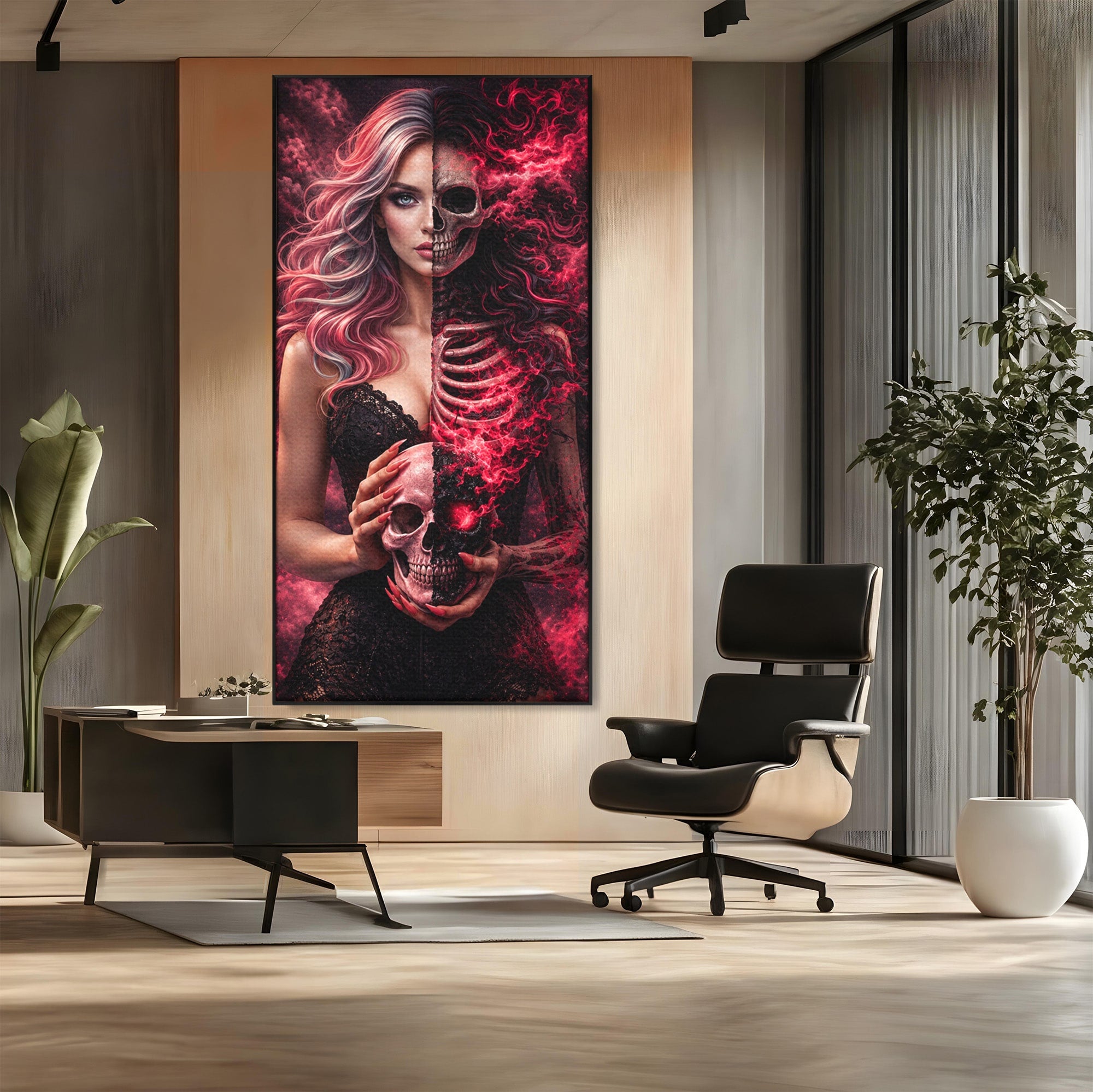 Tablou Canvas Premium LuxCanva® U1054, Dualitatea Vietii Si Mortii, Femeie, Craniu, Foc, Living, Culori Vibrante