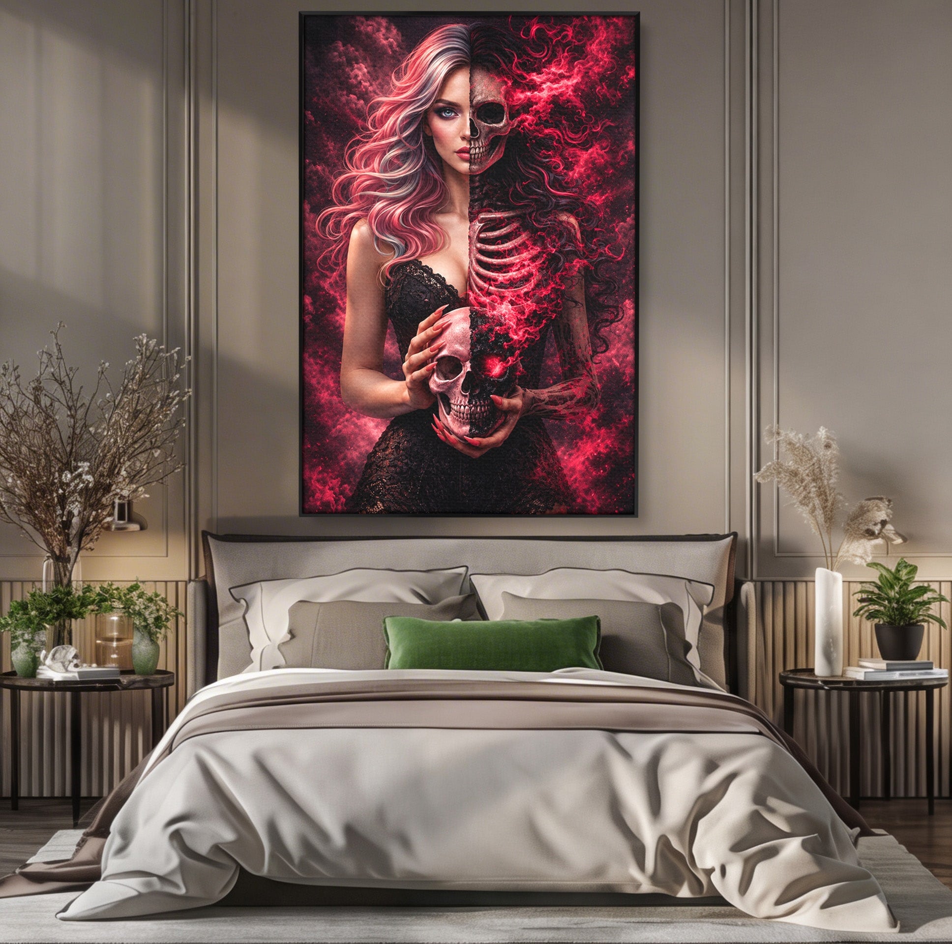 Tablou Canvas Premium LuxCanva® U1054, Dualitatea Vietii Si Mortii, Femeie, Craniu, Foc, Living, Culori Vibrante
