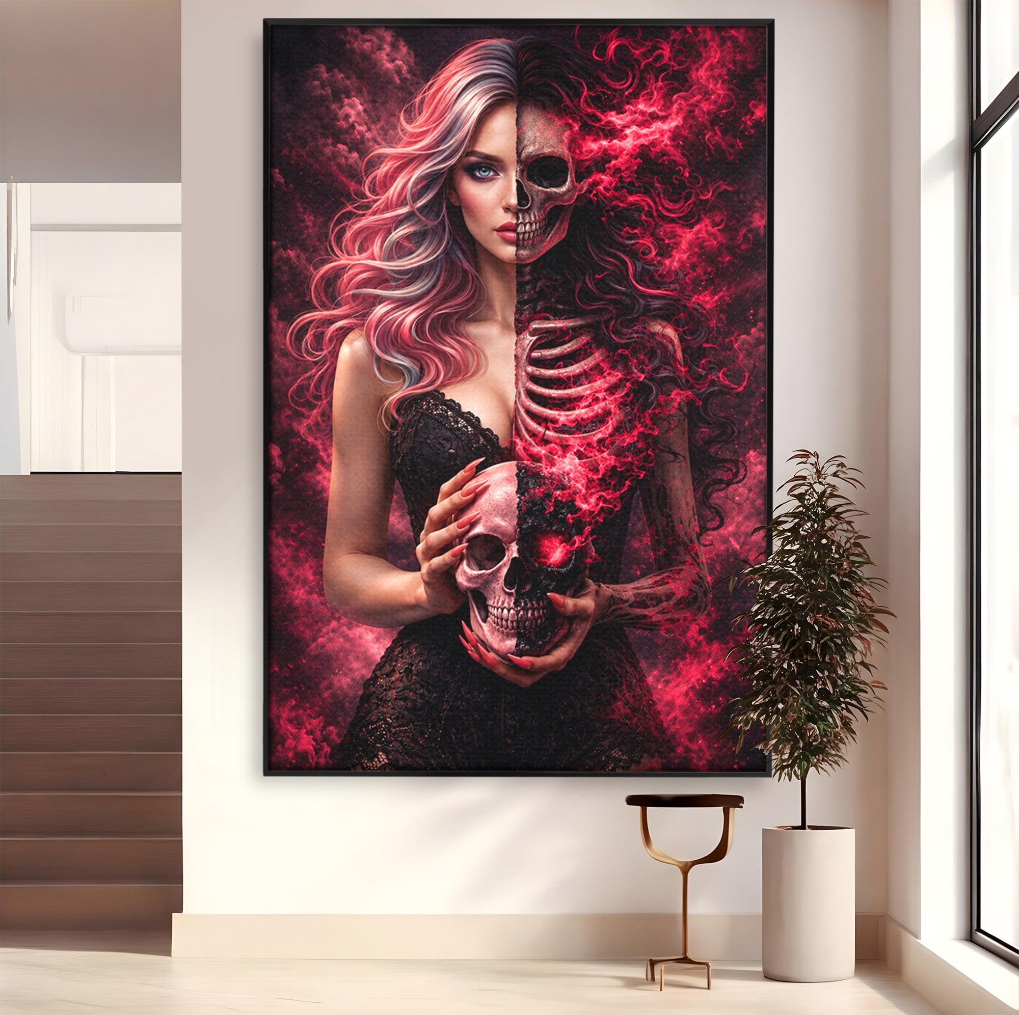 Tablou Canvas Premium LuxCanva® U1054, Dualitatea Vietii Si Mortii, Femeie, Craniu, Foc, Living, Culori Vibrante