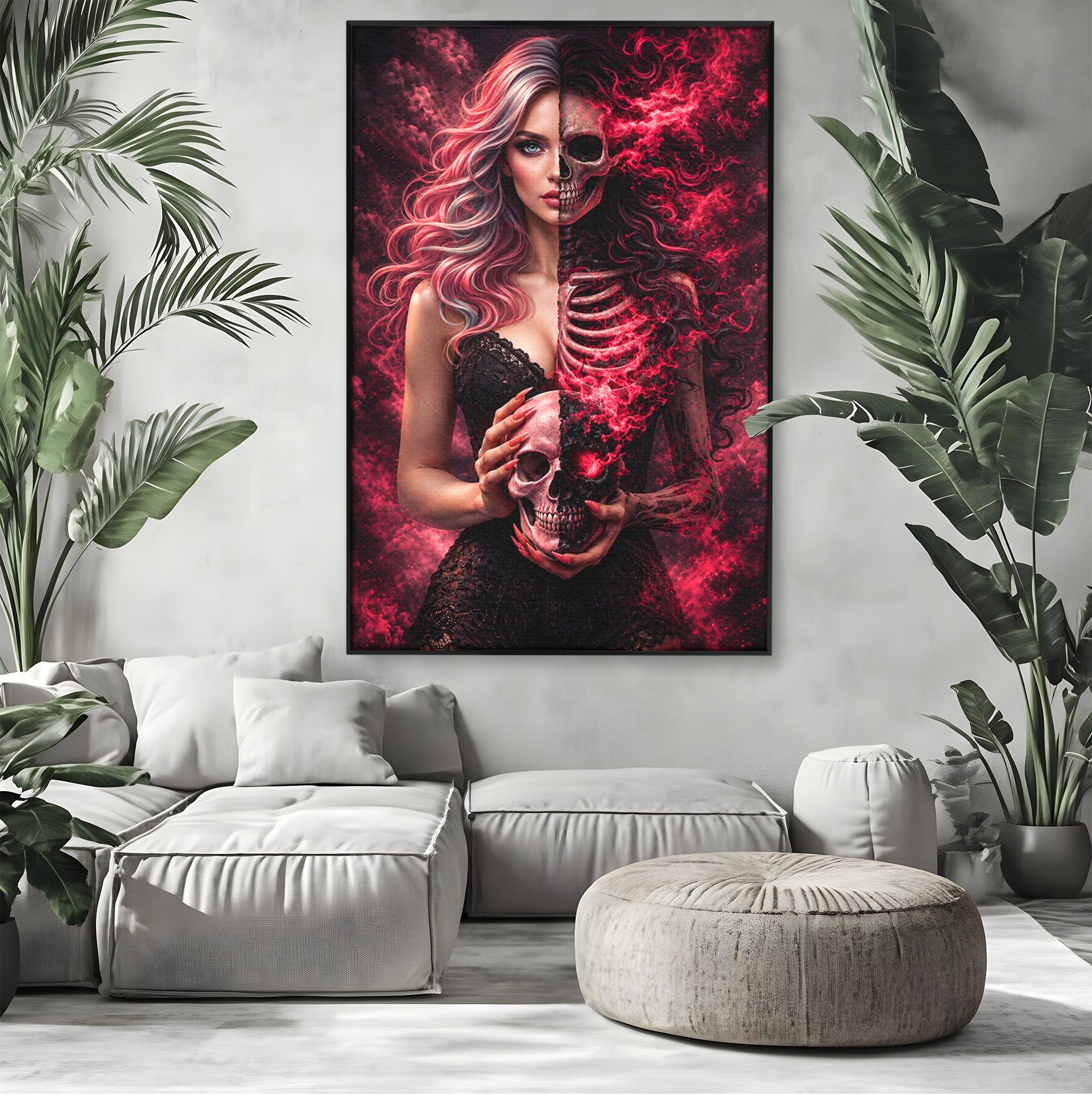 Tablou Canvas Premium LuxCanva® U1054, Dualitatea Vietii Si Mortii, Femeie, Craniu, Foc, Living, Culori Vibrante