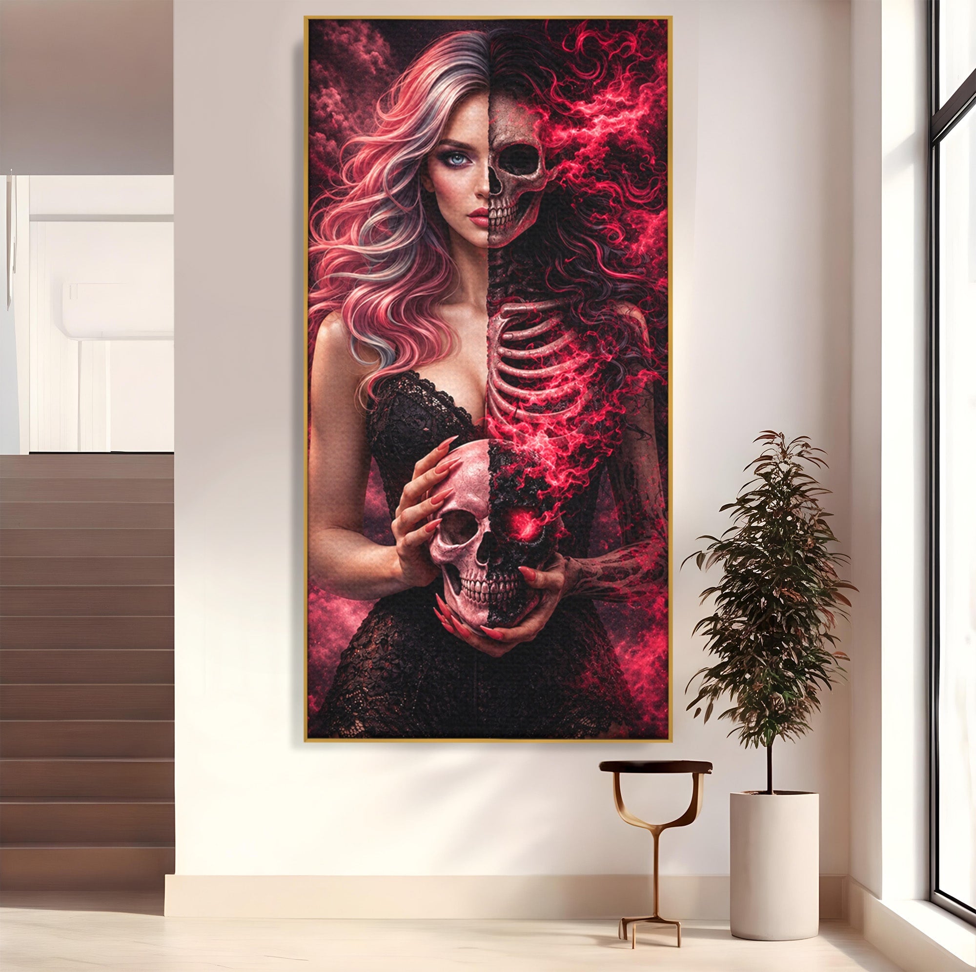 Tablou Canvas Premium LuxCanva® U1054, Dualitatea Vietii Si Mortii, Femeie, Craniu, Foc, Living, Culori Vibrante
