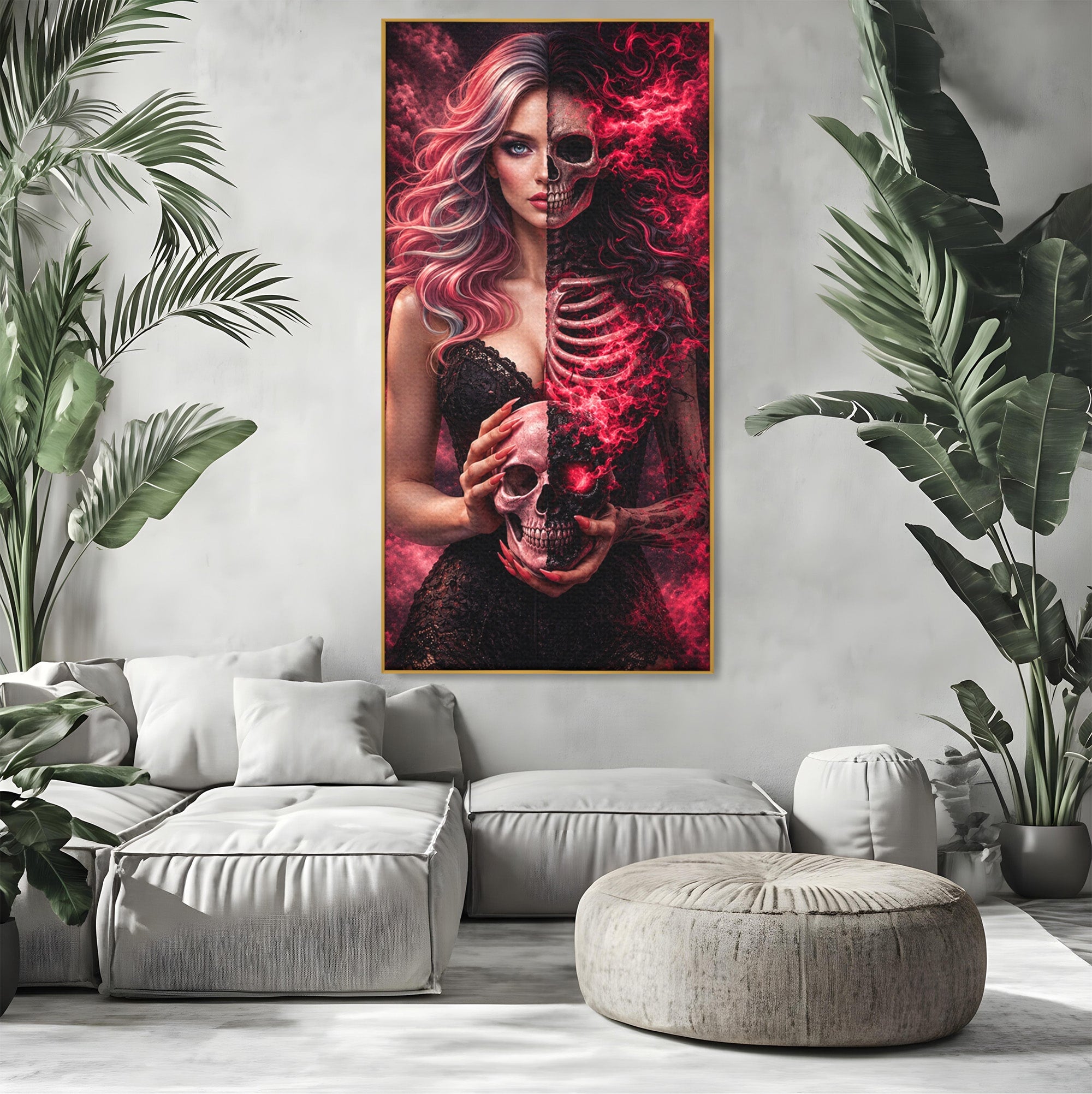 Tablou Canvas Premium LuxCanva® U1054, Dualitatea Vietii Si Mortii, Femeie, Craniu, Foc, Living, Culori Vibrante