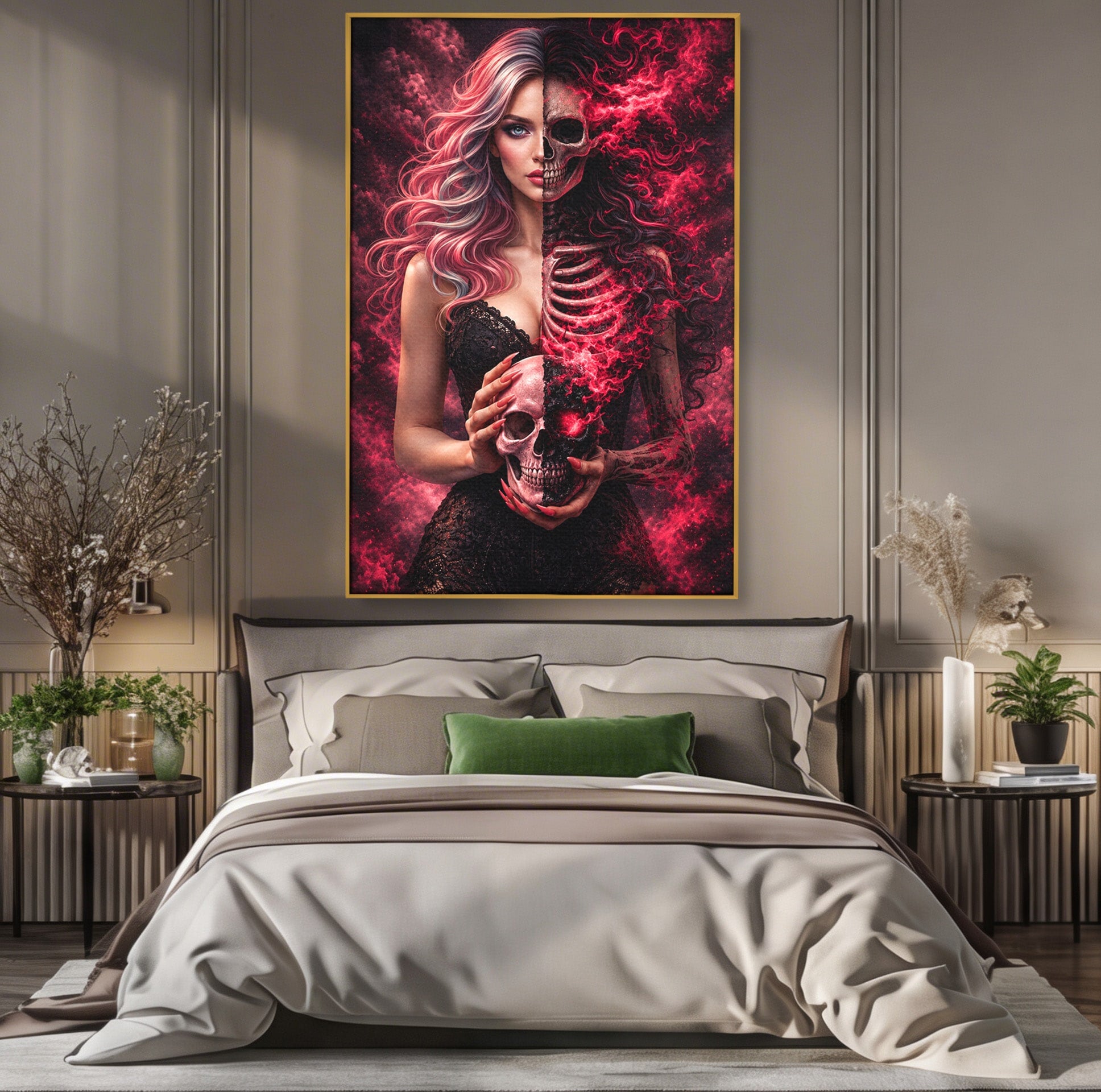 Tablou Canvas Premium LuxCanva® U1054, Dualitatea Vietii Si Mortii, Femeie, Craniu, Foc, Living, Culori Vibrante