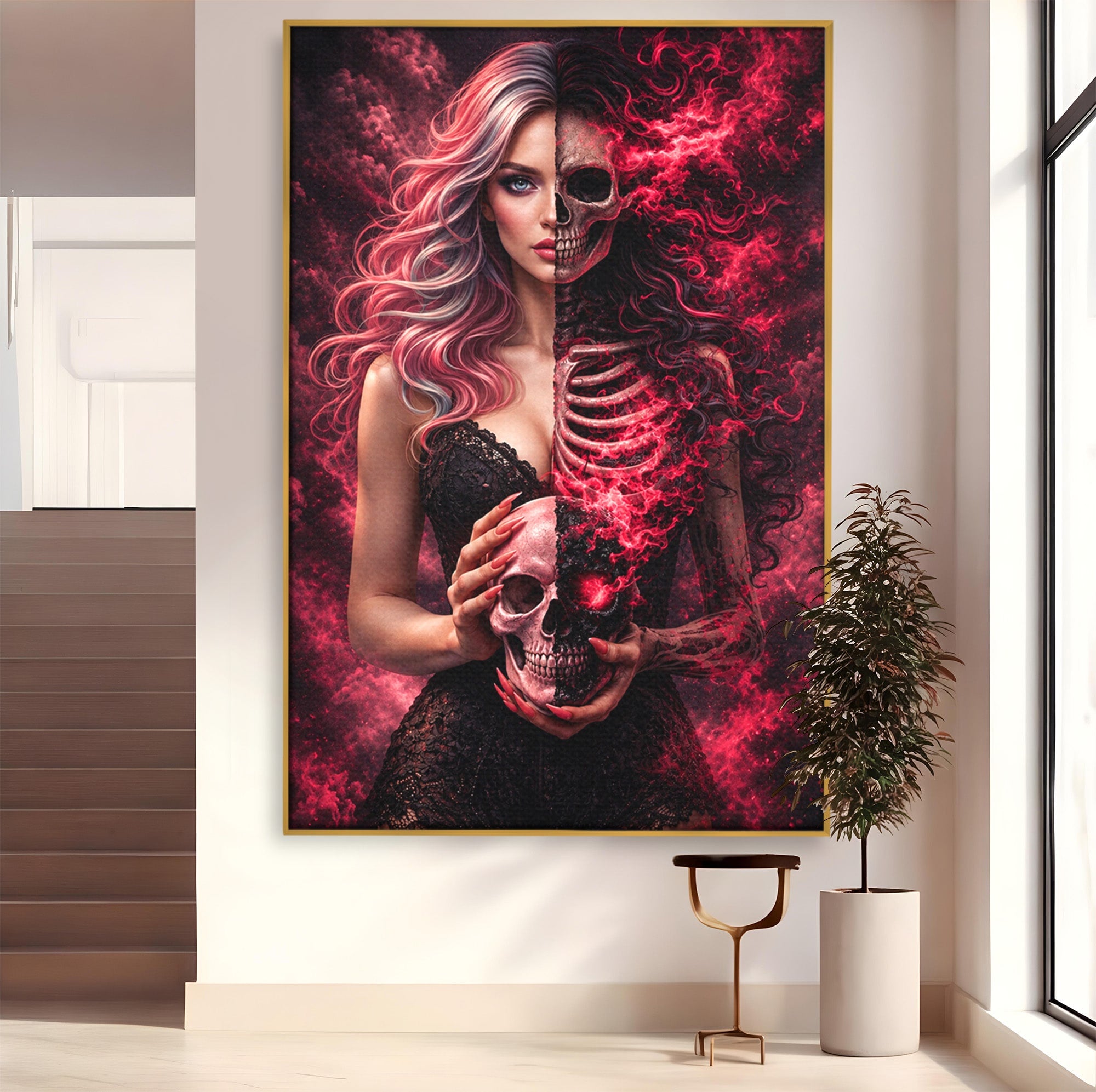 Tablou Canvas Premium LuxCanva® U1054, Dualitatea Vietii Si Mortii, Femeie, Craniu, Foc, Living, Culori Vibrante