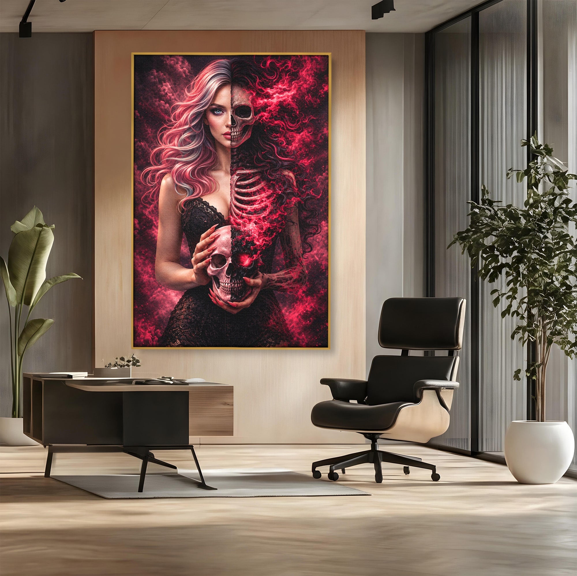 Tablou Canvas Premium LuxCanva® U1054, Dualitatea Vietii Si Mortii, Femeie, Craniu, Foc, Living, Culori Vibrante