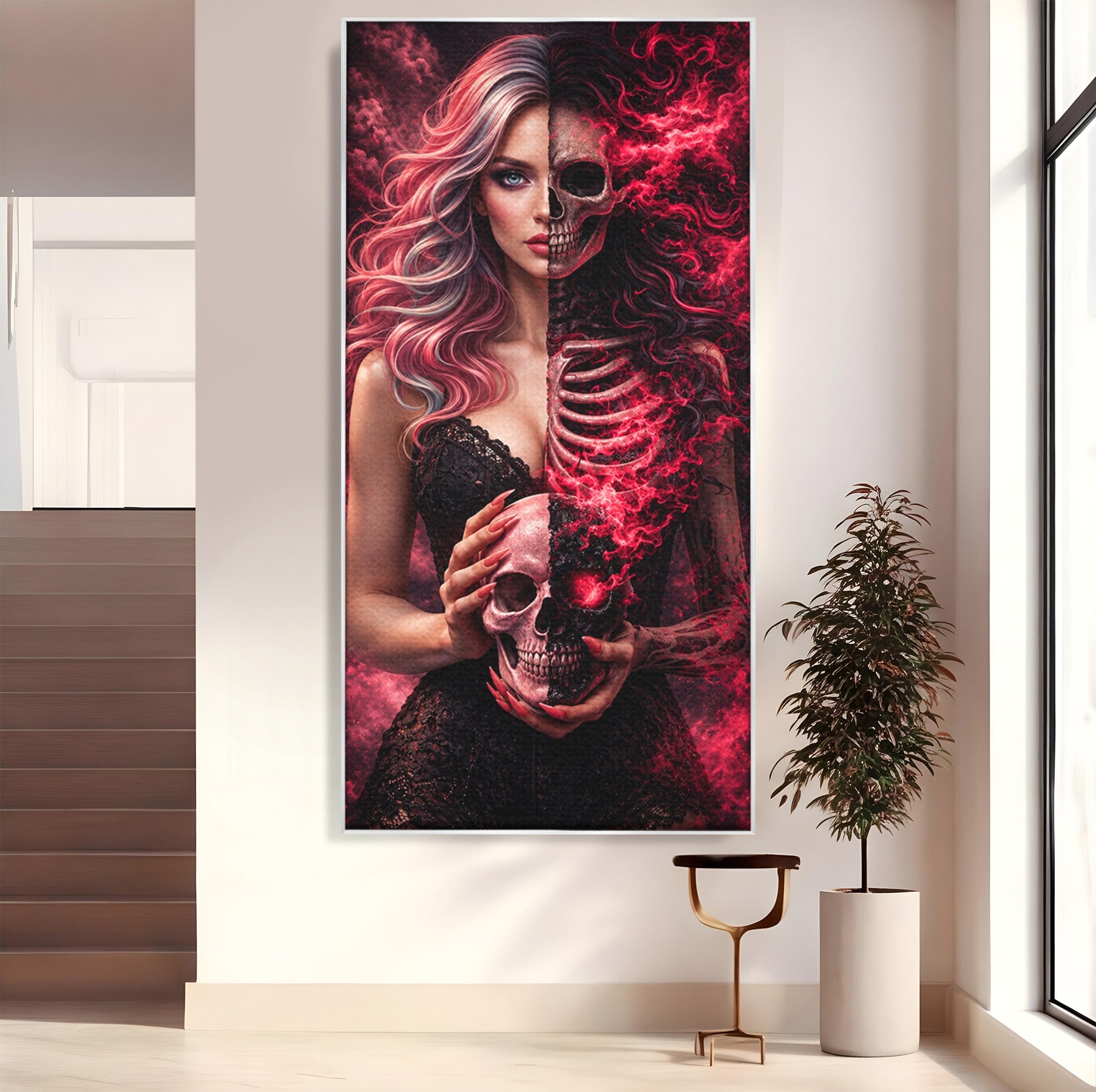 Tablou Canvas Premium LuxCanva® U1054, Dualitatea Vietii Si Mortii, Femeie, Craniu, Foc, Living, Culori Vibrante