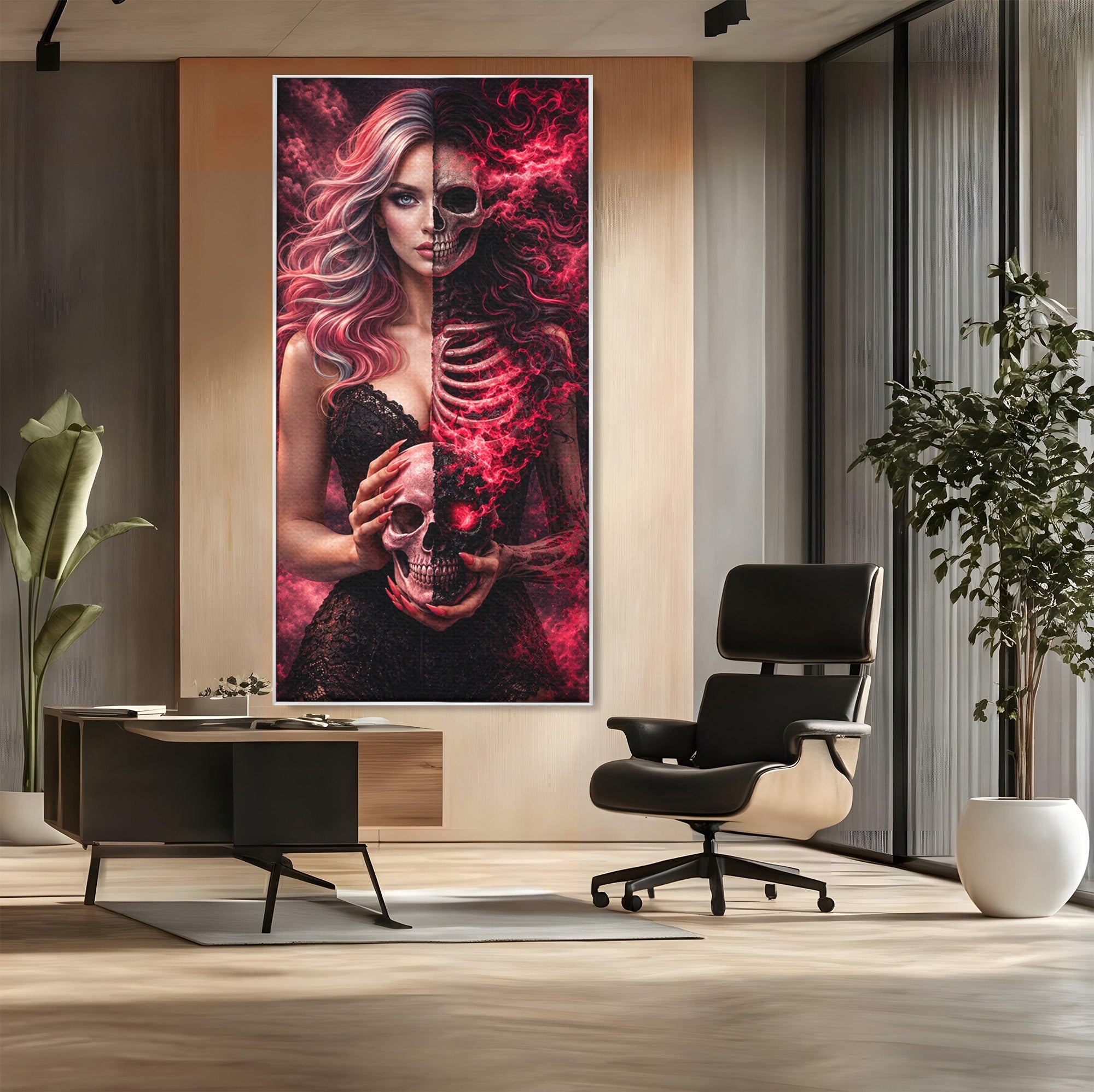 Tablou Canvas Premium LuxCanva® U1054, Dualitatea Vietii Si Mortii, Femeie, Craniu, Foc, Living, Culori Vibrante