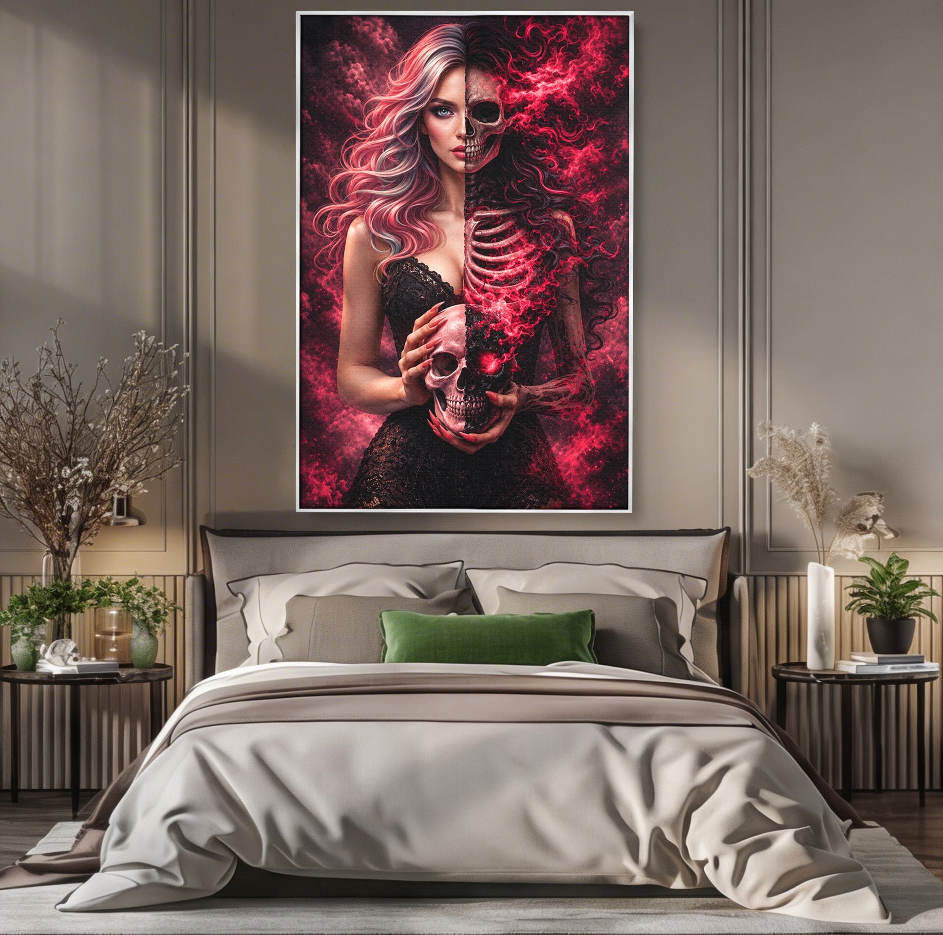 Tablou Canvas Premium LuxCanva® U1054, Dualitatea Vietii Si Mortii, Femeie, Craniu, Foc, Living, Culori Vibrante