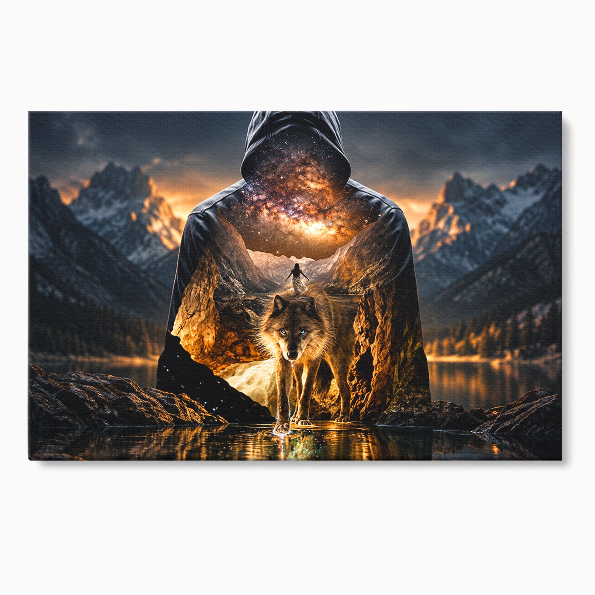 Tablou Canvas Premium LuxCanva® U1056, Lupul Cosmic, Cosmos, Munti, Aventura, Mister, Lup,  Living, Culori Vibrante