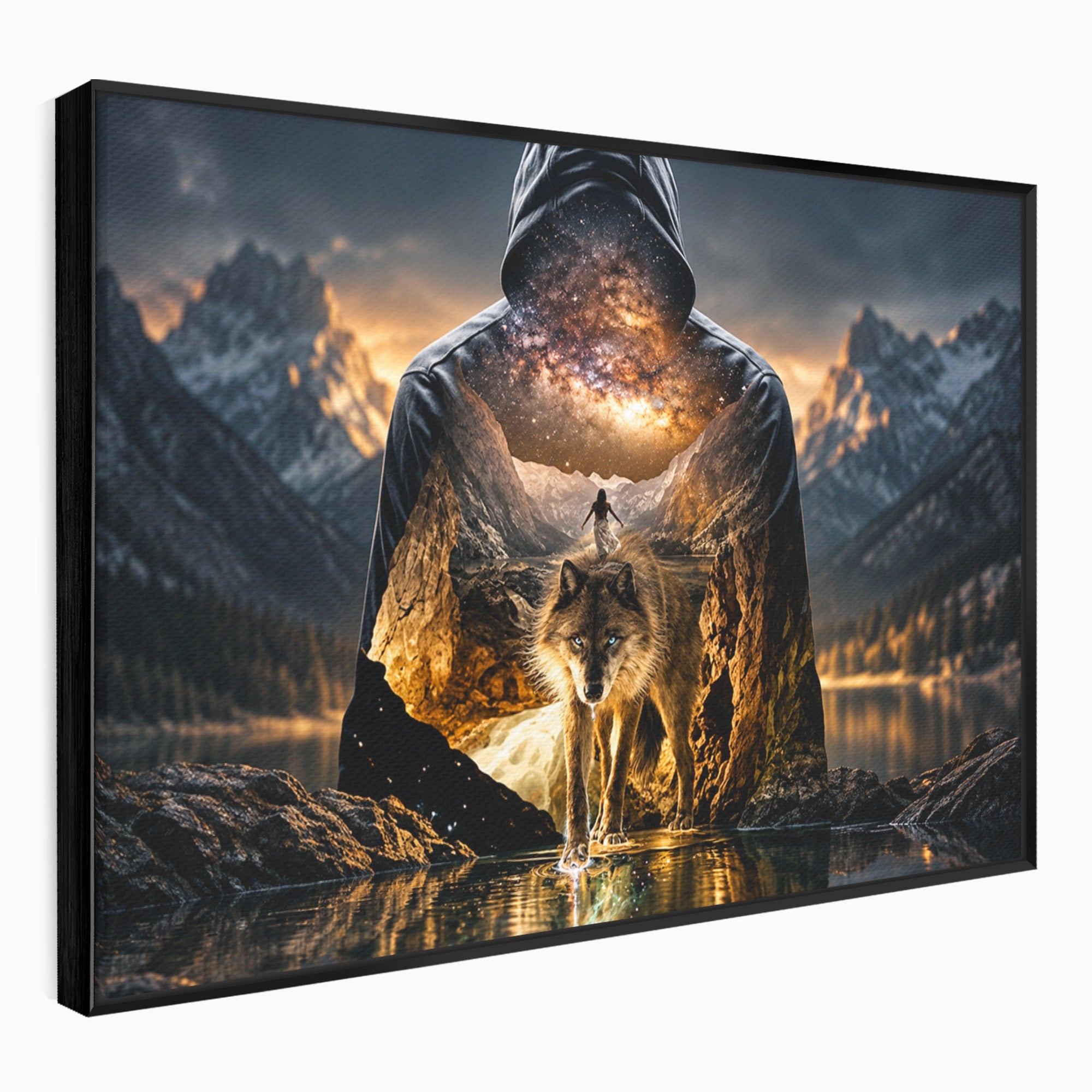 Tablou Canvas Premium LuxCanva® U1056, Lupul Cosmic, Cosmos, Munti, Aventura, Mister, Lup,  Living, Culori Vibrante