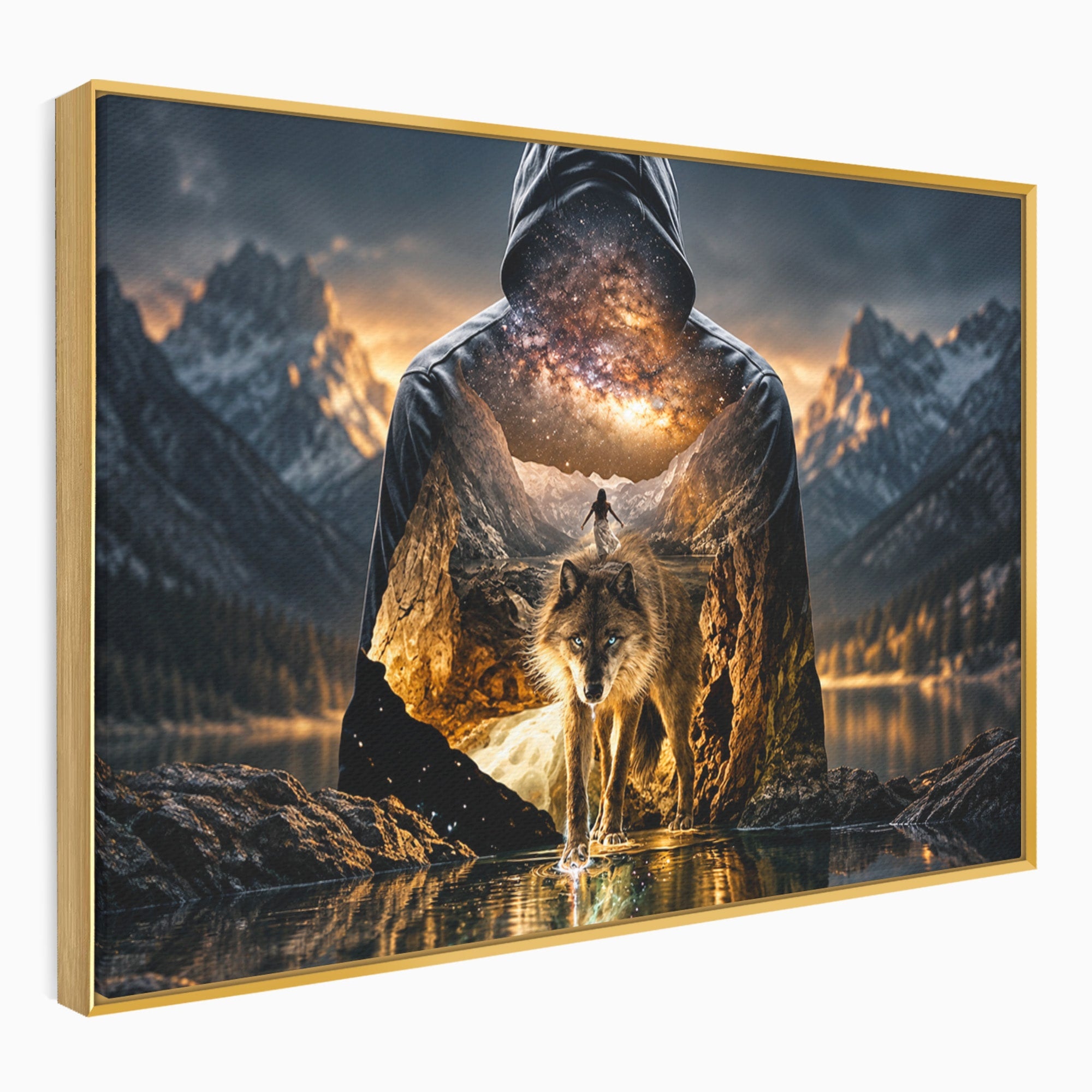 Tablou Canvas Premium LuxCanva® U1056, Lupul Cosmic, Cosmos, Munti, Aventura, Mister, Lup,  Living, Culori Vibrante