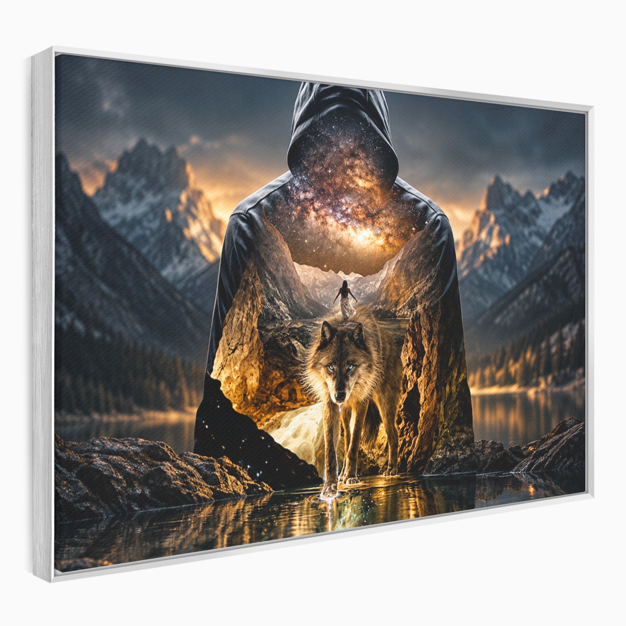 Tablou Canvas Premium LuxCanva® U1056, Lupul Cosmic, Cosmos, Munti, Aventura, Mister, Lup,  Living, Culori Vibrante