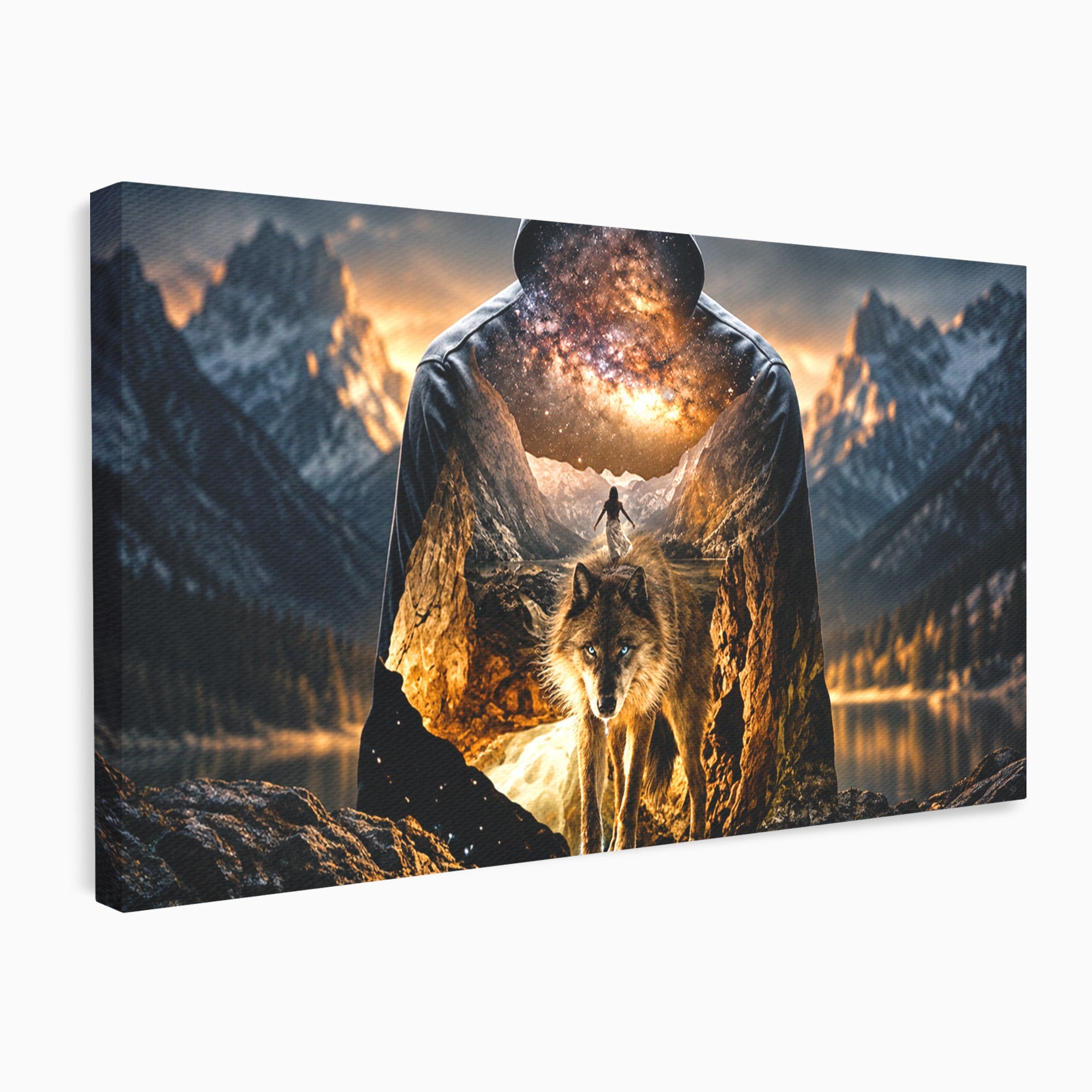 Tablou Canvas Premium LuxCanva® U1056, Lupul Cosmic, Cosmos, Munti, Aventura, Mister, Lup,  Living, Culori Vibrante