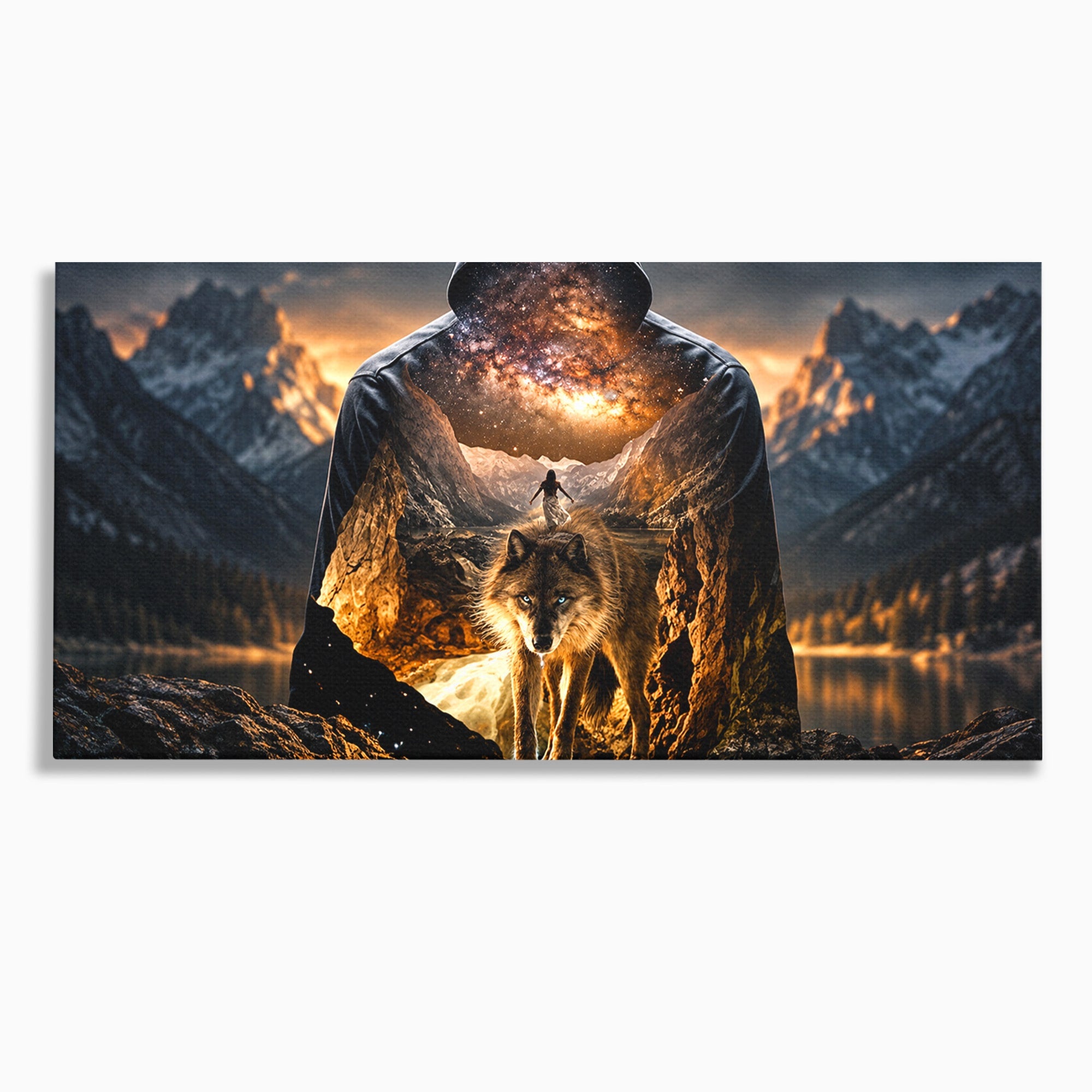 Tablou Canvas Premium LuxCanva® U1056, Lupul Cosmic, Cosmos, Munti, Aventura, Mister, Lup,  Living, Culori Vibrante