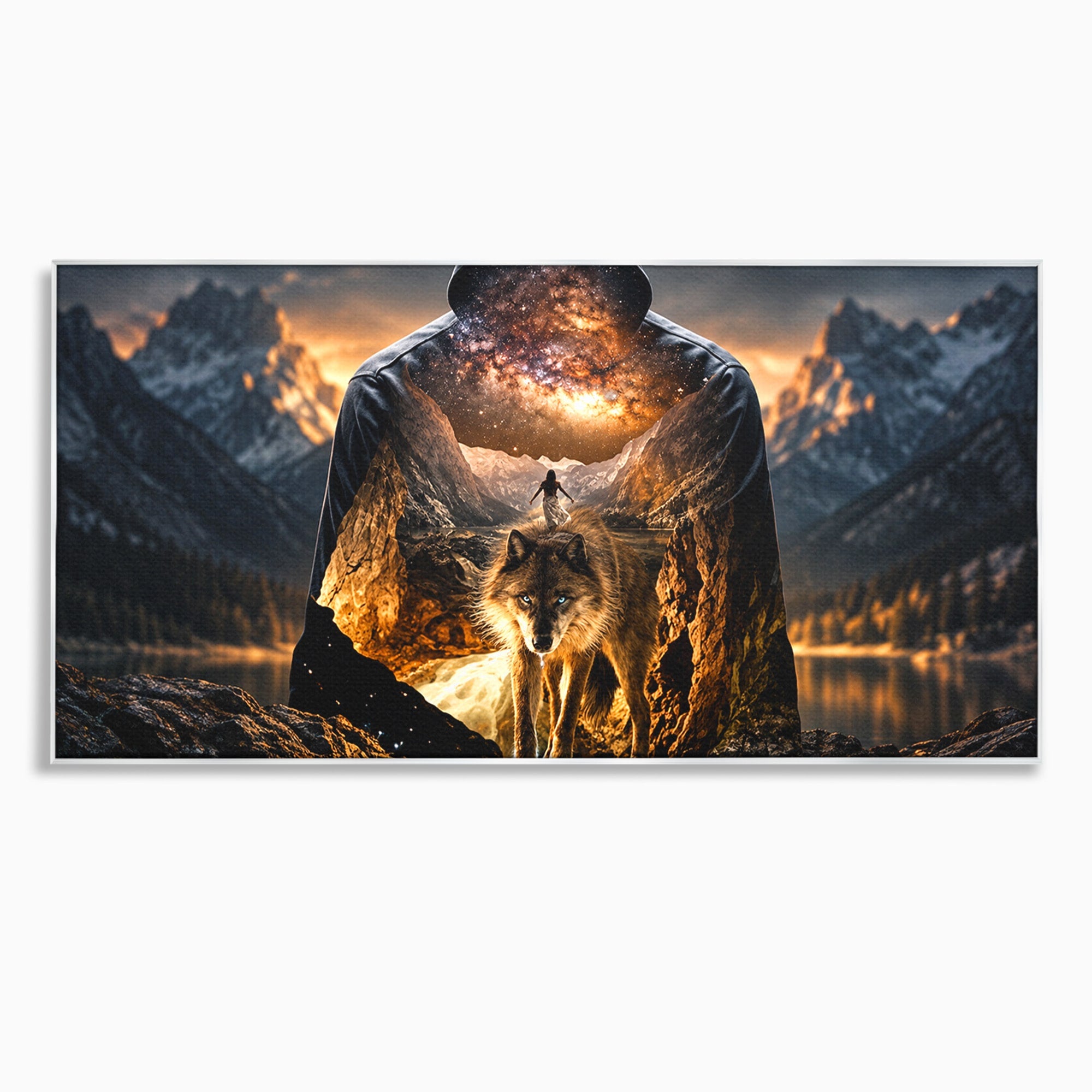 Tablou Canvas Premium LuxCanva® U1056, Lupul Cosmic, Cosmos, Munti, Aventura, Mister, Lup,  Living, Culori Vibrante