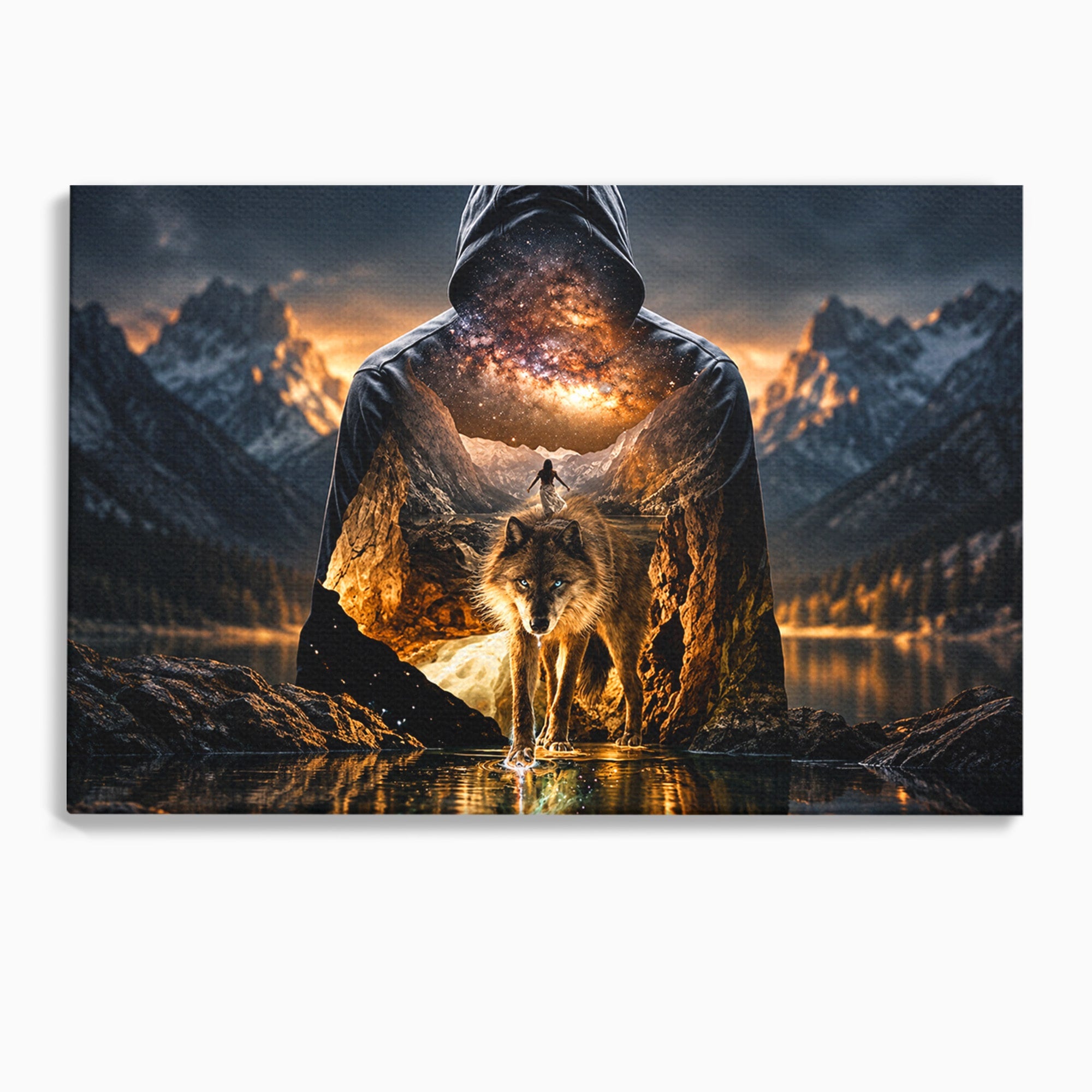 Tablou Canvas Premium LuxCanva® U1056, Lupul Cosmic, Cosmos, Munti, Aventura, Mister, Lup,  Living, Culori Vibrante