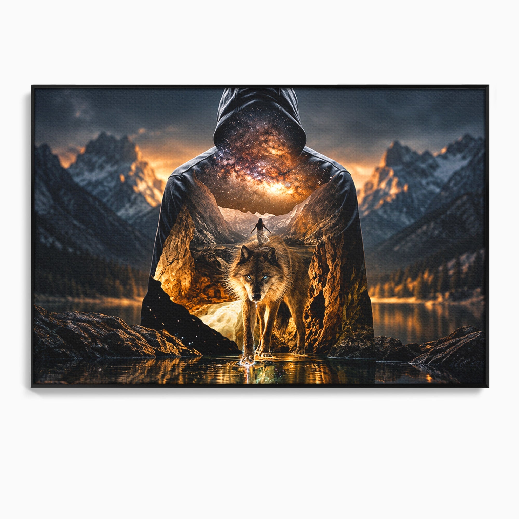 Tablou Canvas Premium LuxCanva® U1056, Lupul Cosmic, Cosmos, Munti, Aventura, Mister, Lup,  Living, Culori Vibrante