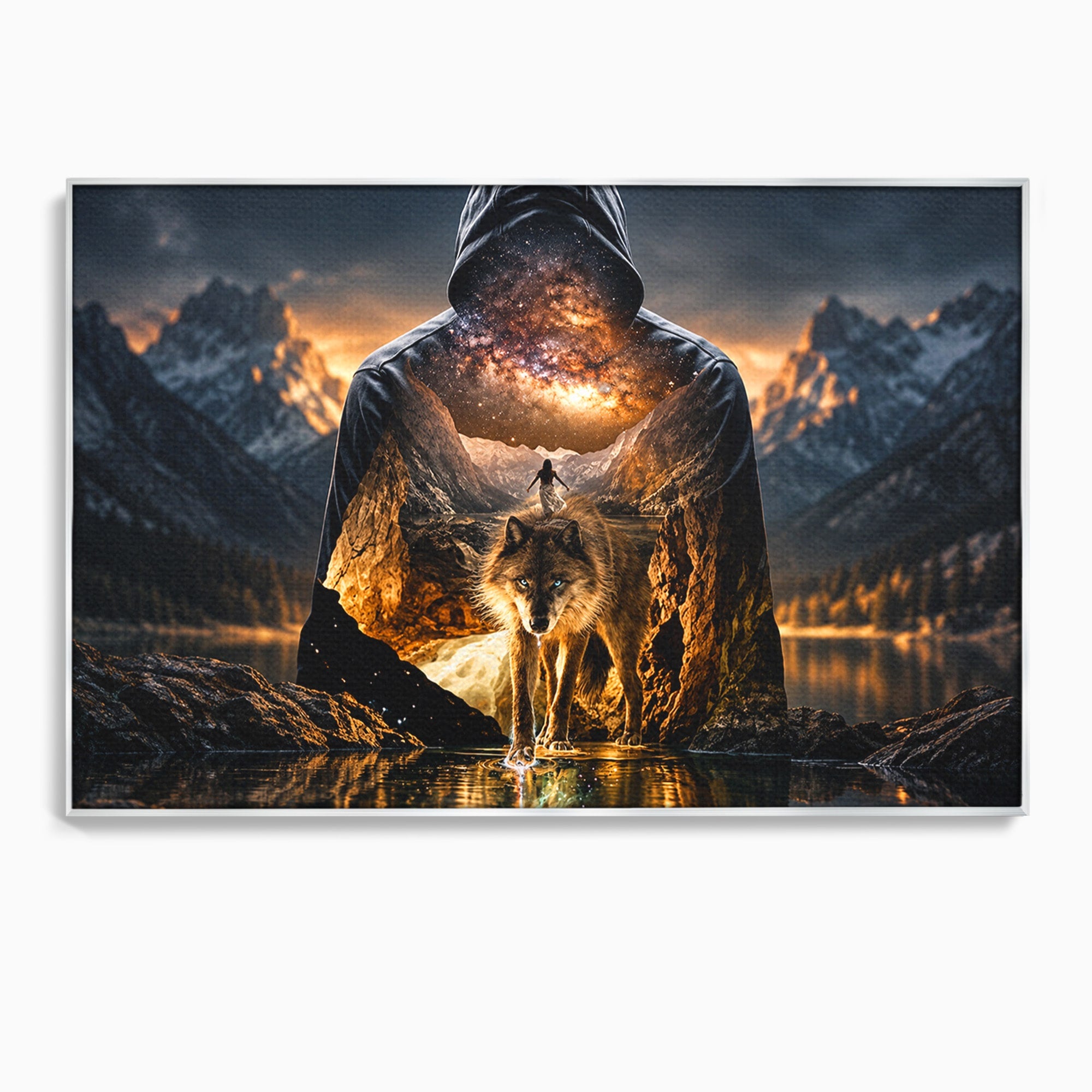 Tablou Canvas Premium LuxCanva® U1056, Lupul Cosmic, Cosmos, Munti, Aventura, Mister, Lup,  Living, Culori Vibrante