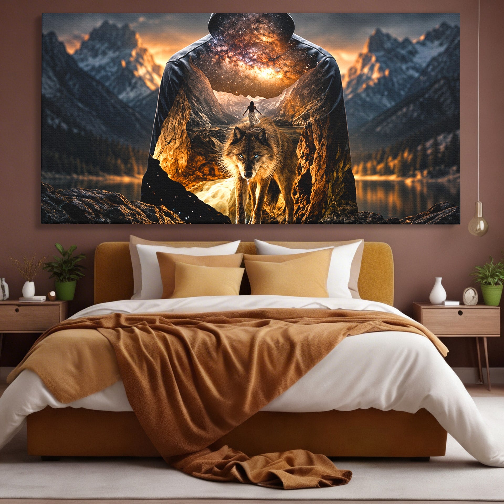 Tablou Canvas Premium LuxCanva® U1056, Lupul Cosmic, Cosmos, Munti, Aventura, Mister, Lup,  Living, Culori Vibrante