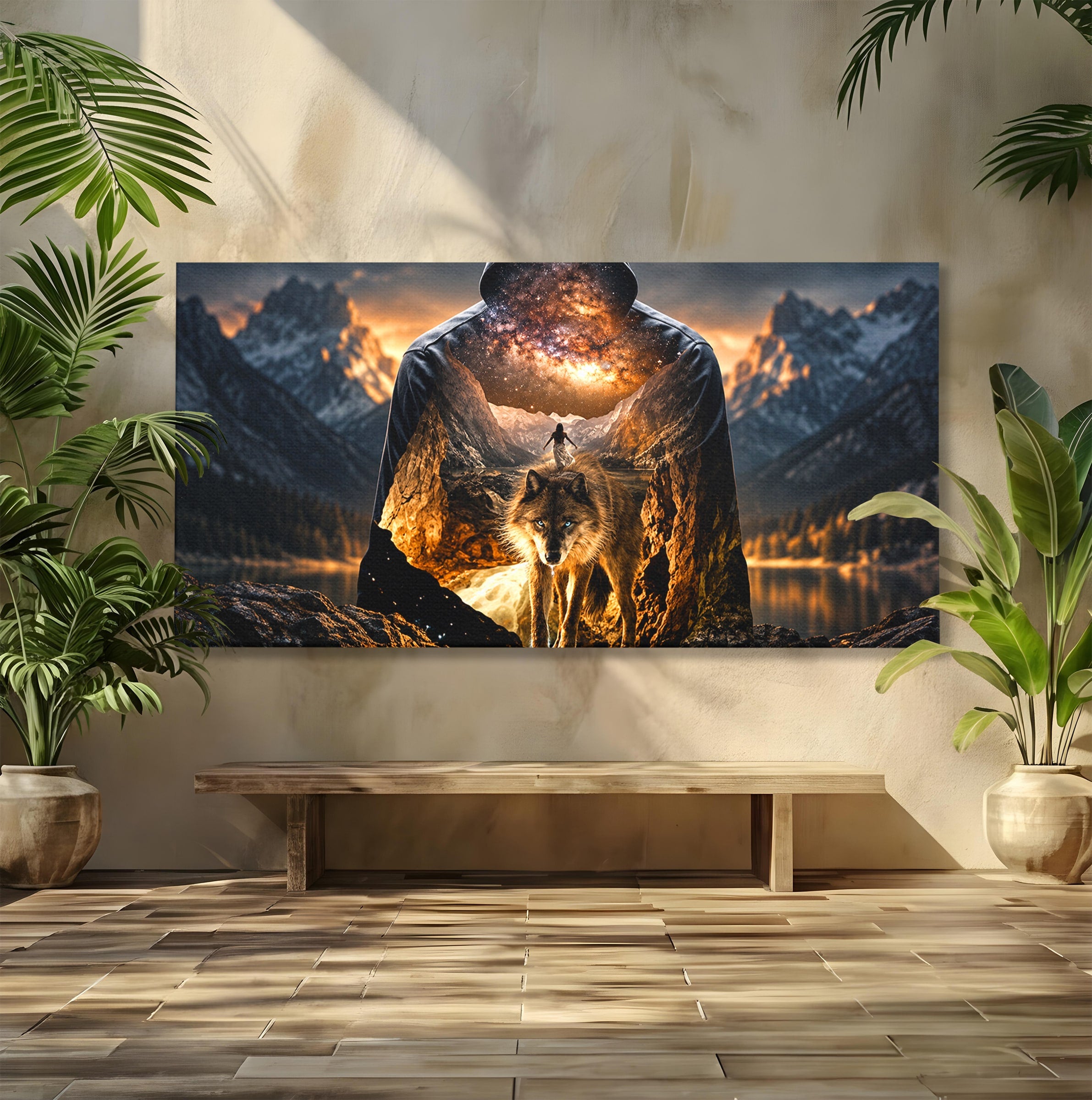 Tablou Canvas Premium LuxCanva® U1056, Lupul Cosmic, Cosmos, Munti, Aventura, Mister, Lup,  Living, Culori Vibrante