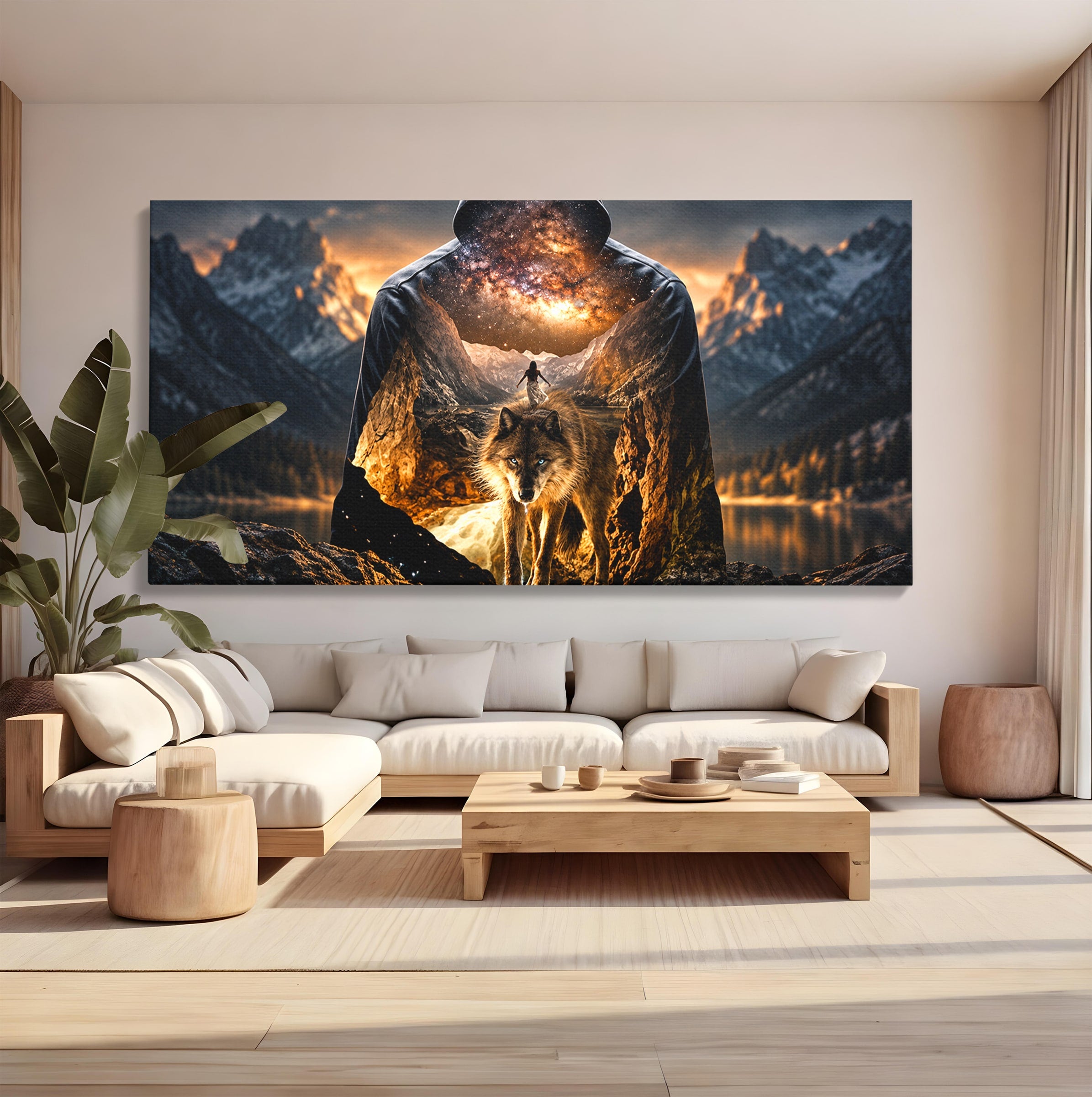 Tablou Canvas Premium LuxCanva® U1056, Lupul Cosmic, Cosmos, Munti, Aventura, Mister, Lup,  Living, Culori Vibrante