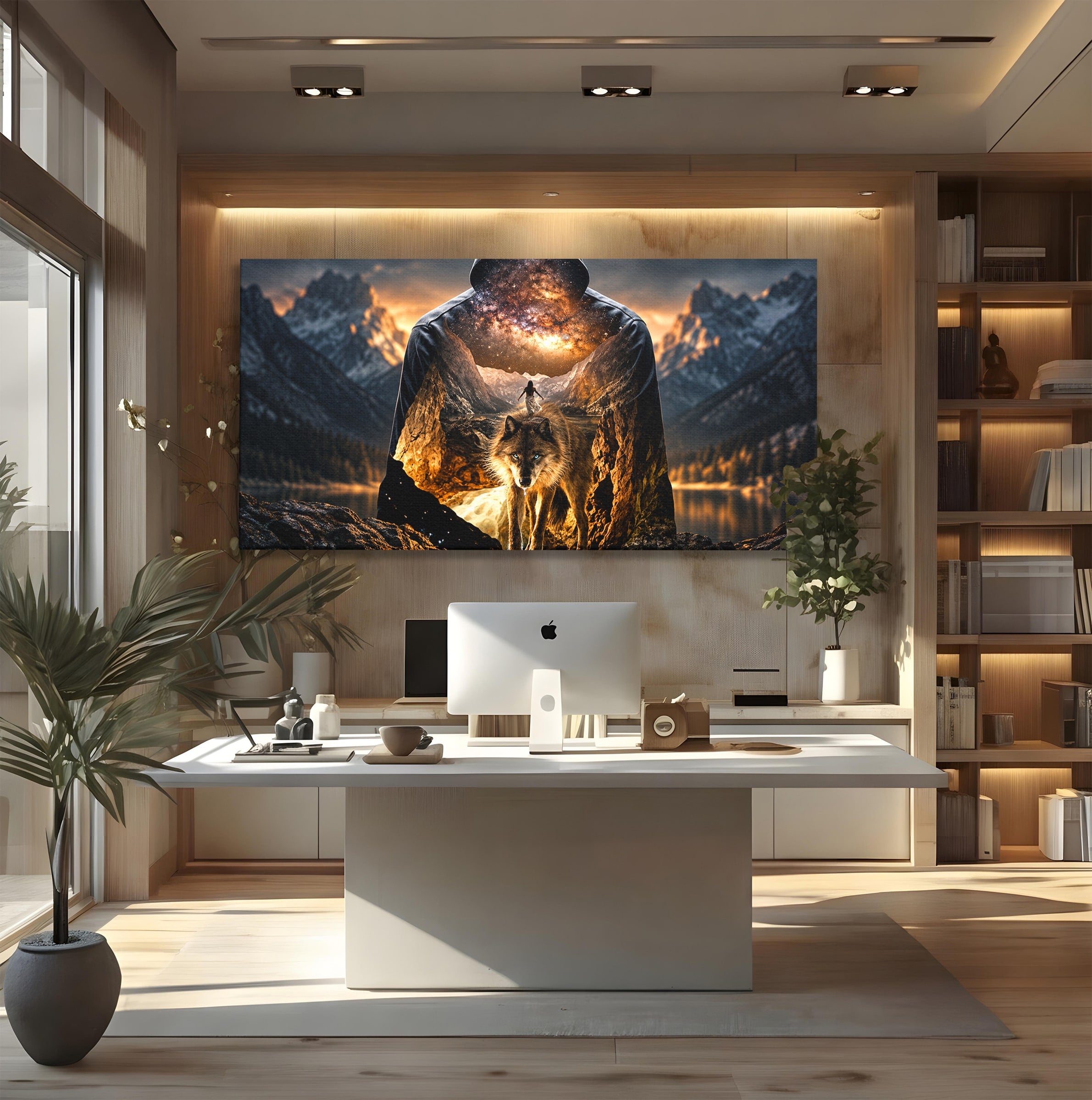 Tablou Canvas Premium LuxCanva® U1056, Lupul Cosmic, Cosmos, Munti, Aventura, Mister, Lup,  Living, Culori Vibrante