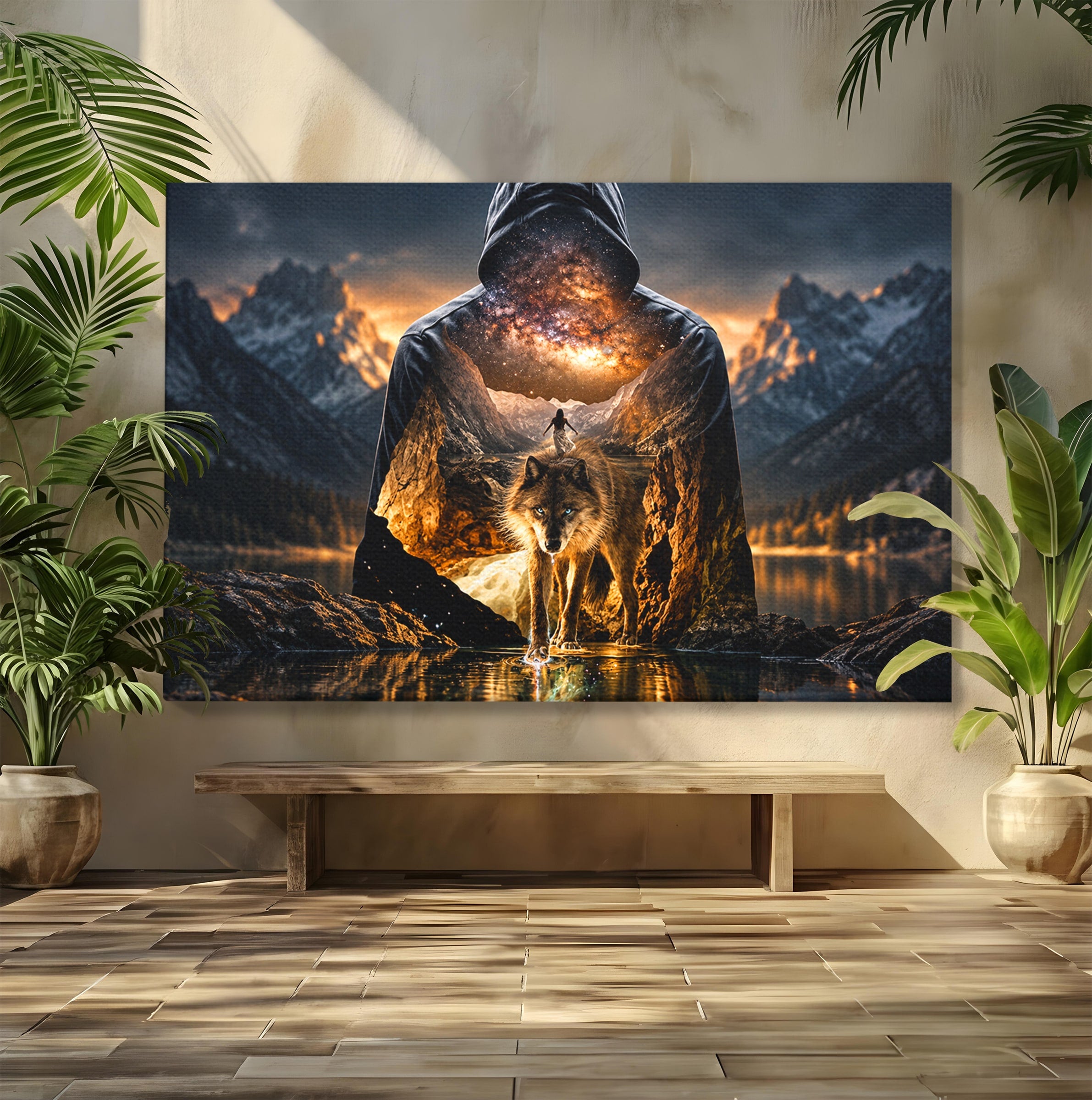 Tablou Canvas Premium LuxCanva® U1056, Lupul Cosmic, Cosmos, Munti, Aventura, Mister, Lup,  Living, Culori Vibrante
