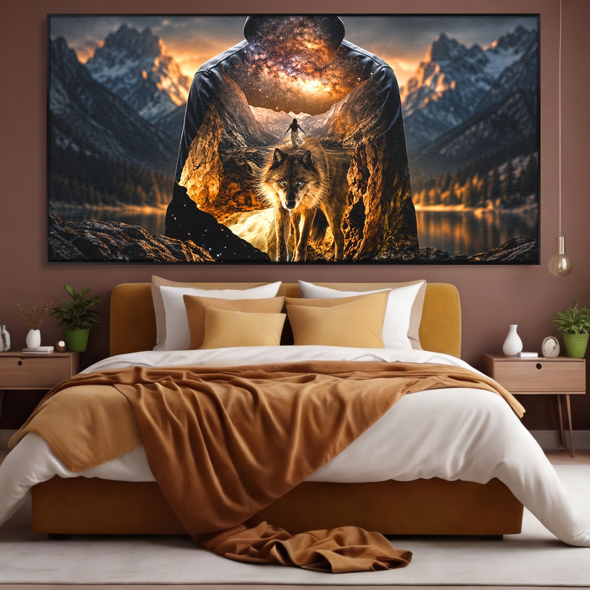 Tablou Canvas Premium LuxCanva® U1056, Lupul Cosmic, Cosmos, Munti, Aventura, Mister, Lup,  Living, Culori Vibrante