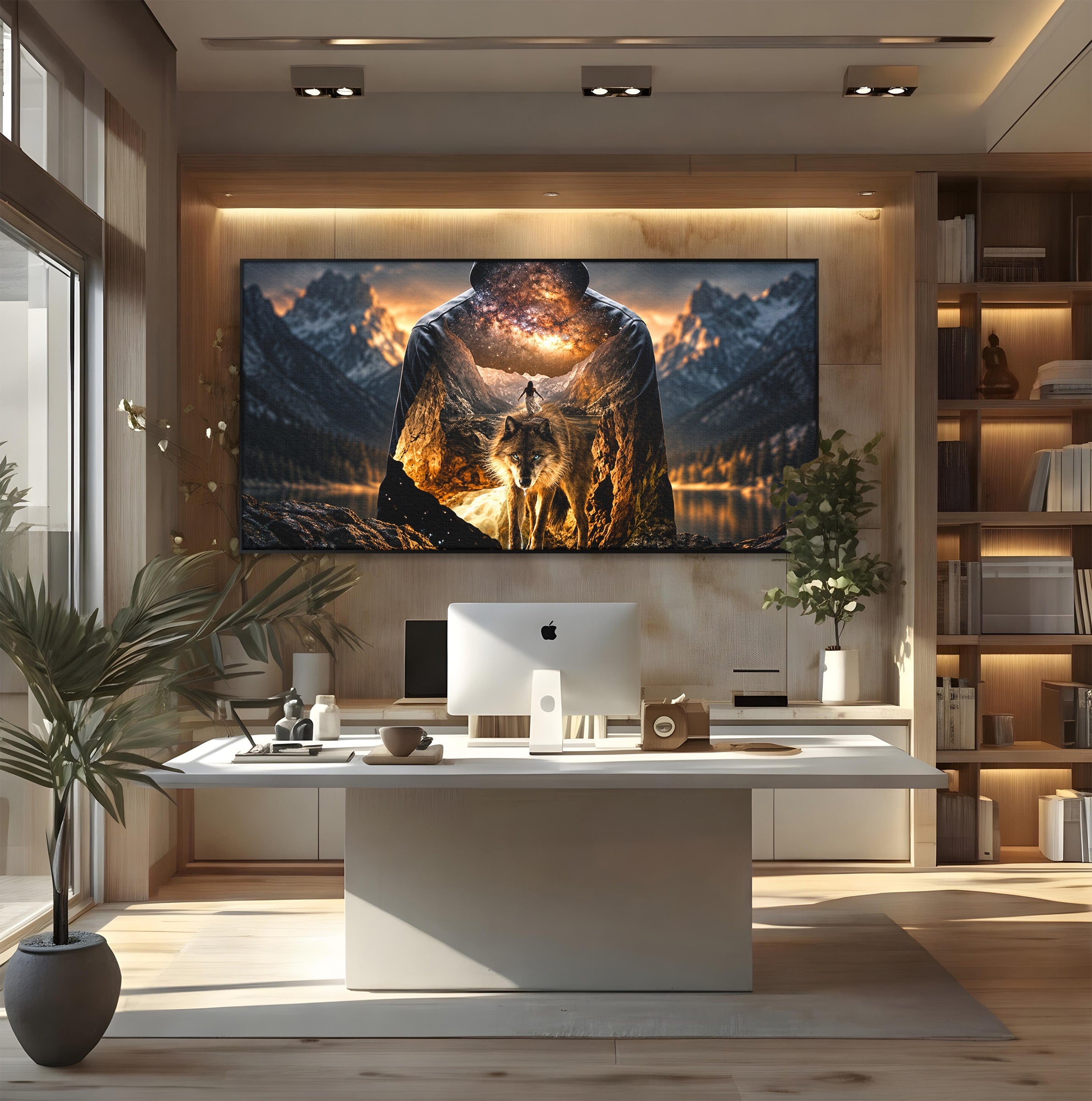 Tablou Canvas Premium LuxCanva® U1056, Lupul Cosmic, Cosmos, Munti, Aventura, Mister, Lup,  Living, Culori Vibrante