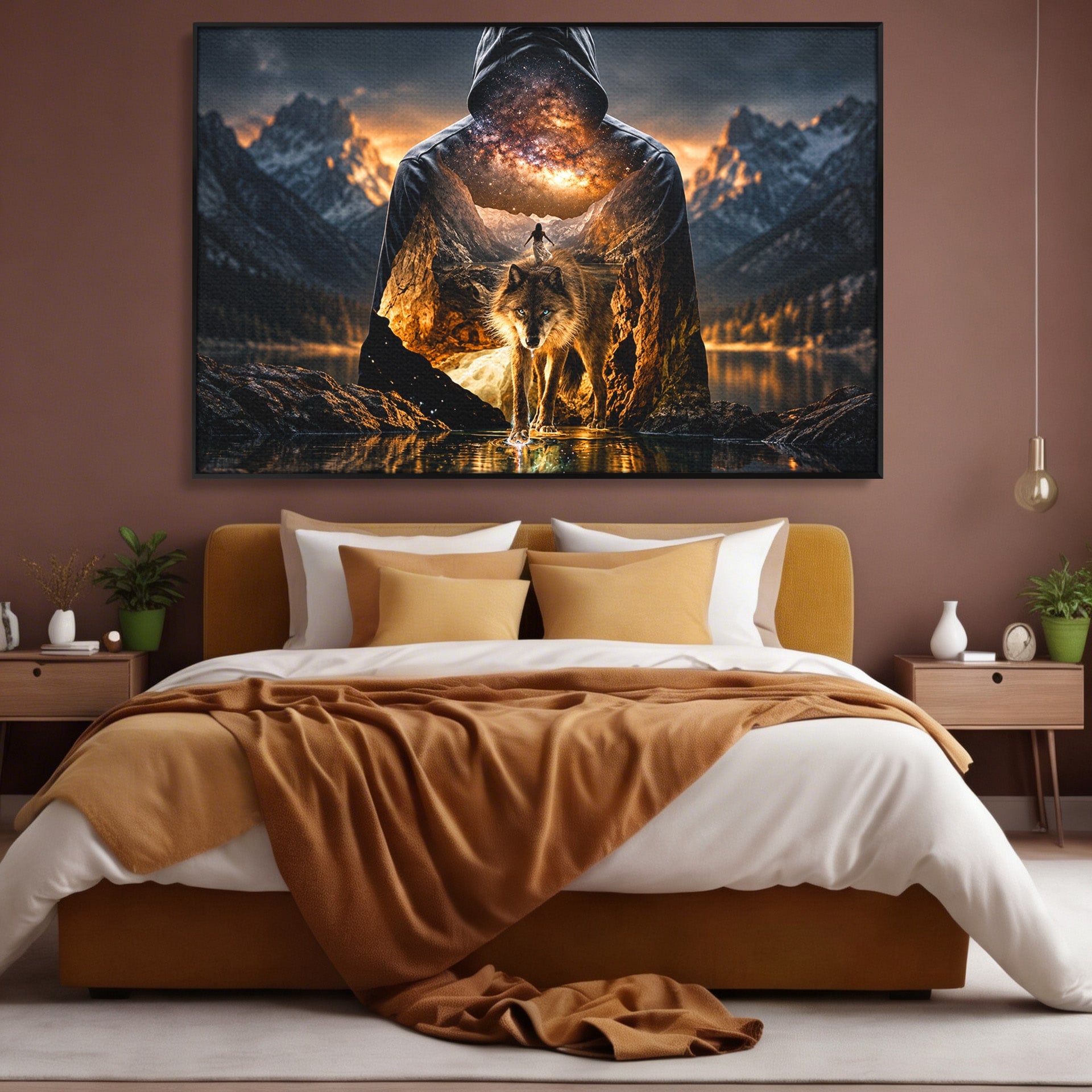 Tablou Canvas Premium LuxCanva® U1056, Lupul Cosmic, Cosmos, Munti, Aventura, Mister, Lup,  Living, Culori Vibrante