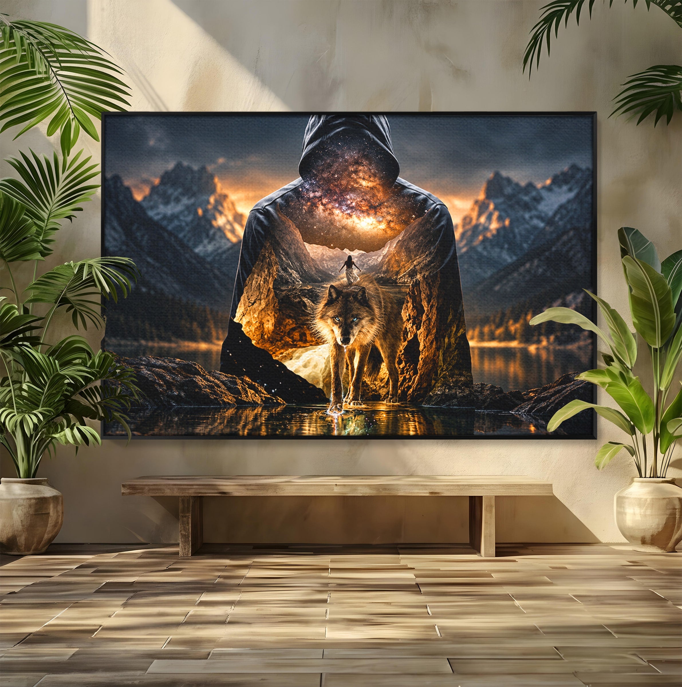 Tablou Canvas Premium LuxCanva® U1056, Lupul Cosmic, Cosmos, Munti, Aventura, Mister, Lup,  Living, Culori Vibrante