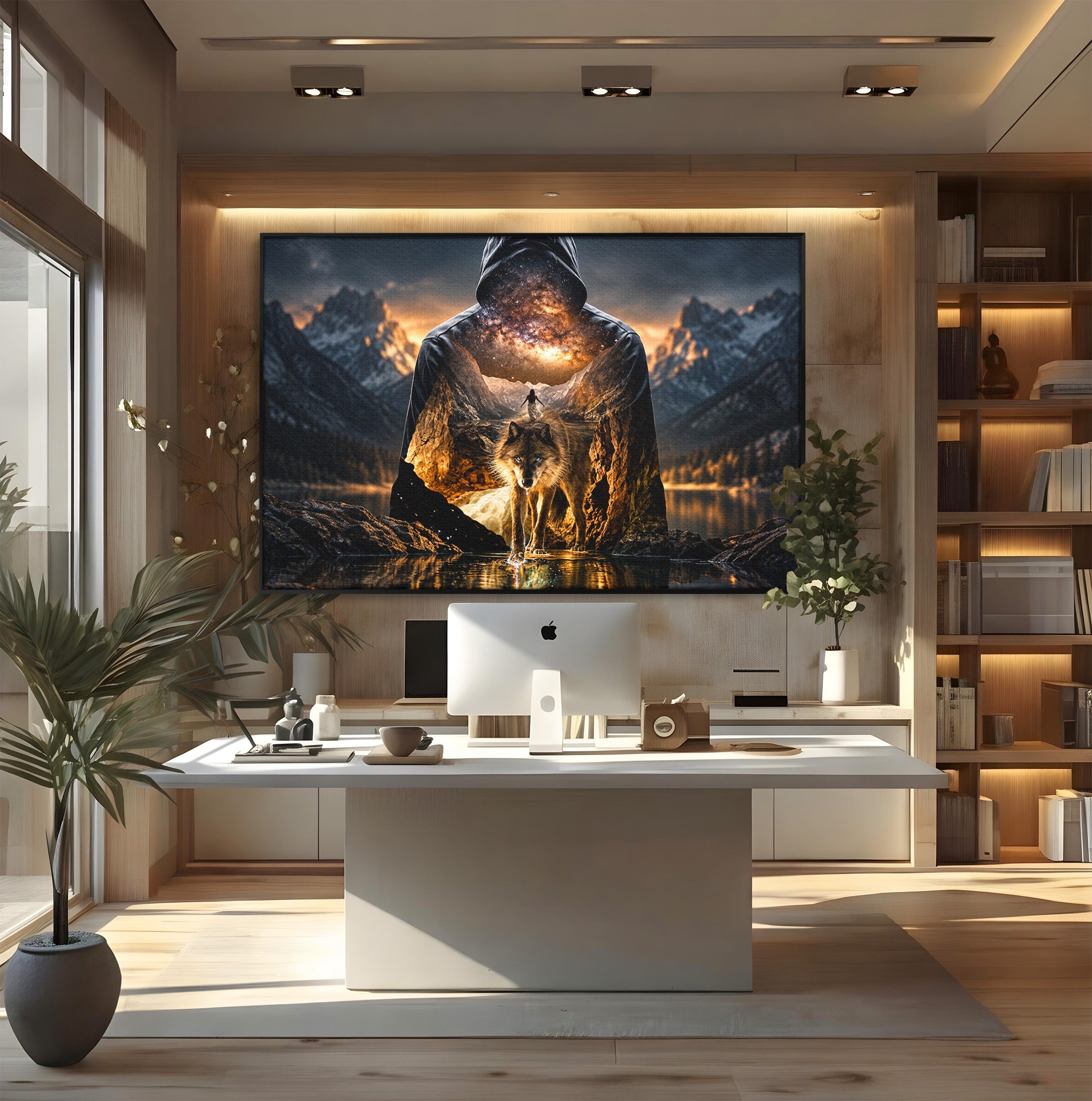 Tablou Canvas Premium LuxCanva® U1056, Lupul Cosmic, Cosmos, Munti, Aventura, Mister, Lup,  Living, Culori Vibrante