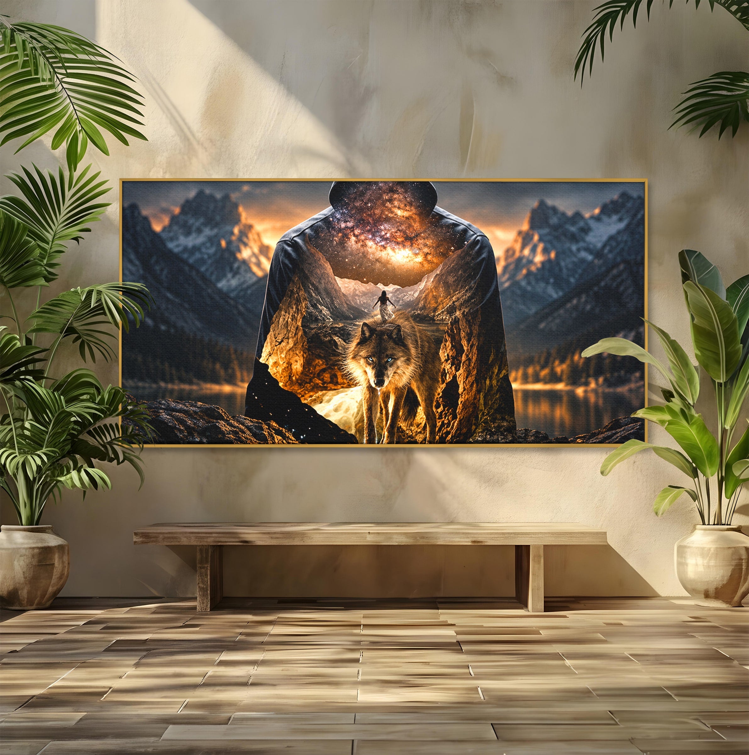 Tablou Canvas Premium LuxCanva® U1056, Lupul Cosmic, Cosmos, Munti, Aventura, Mister, Lup,  Living, Culori Vibrante