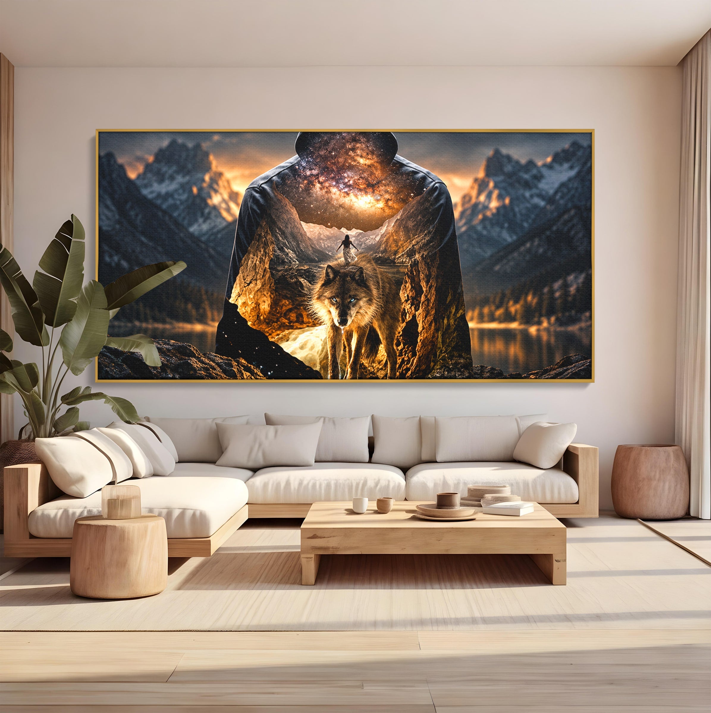 Tablou Canvas Premium LuxCanva® U1056, Lupul Cosmic, Cosmos, Munti, Aventura, Mister, Lup,  Living, Culori Vibrante