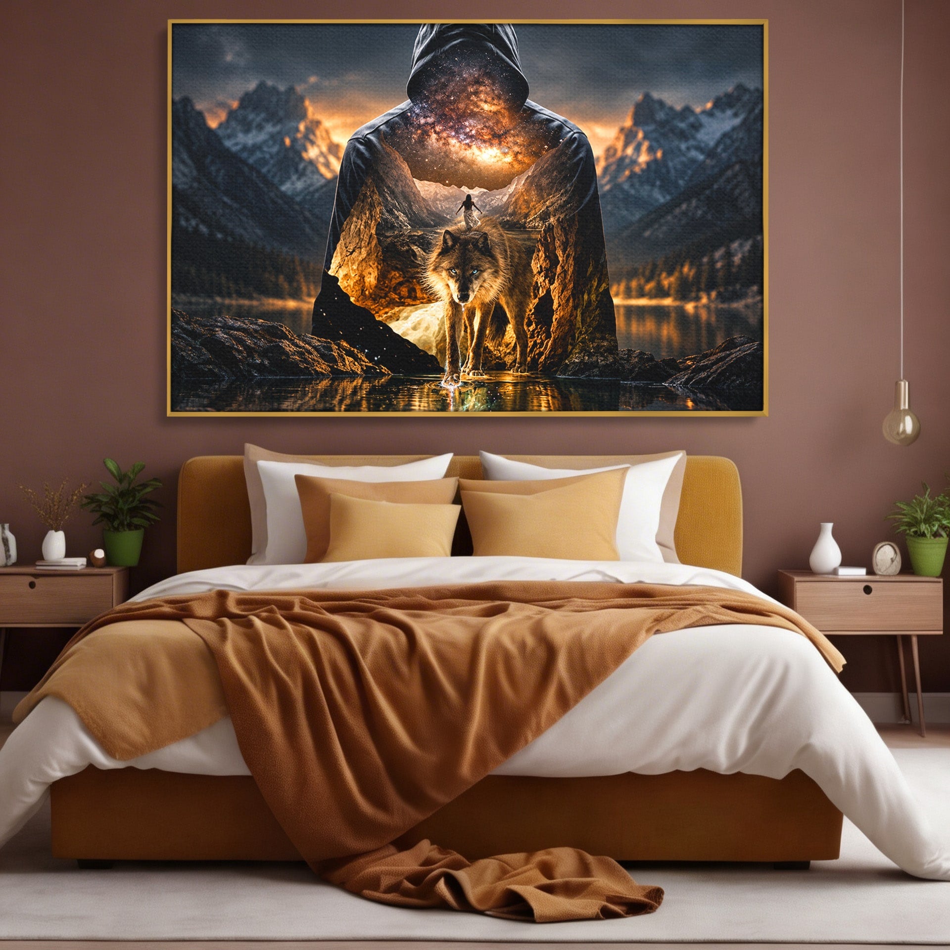 Tablou Canvas Premium LuxCanva® U1056, Lupul Cosmic, Cosmos, Munti, Aventura, Mister, Lup,  Living, Culori Vibrante