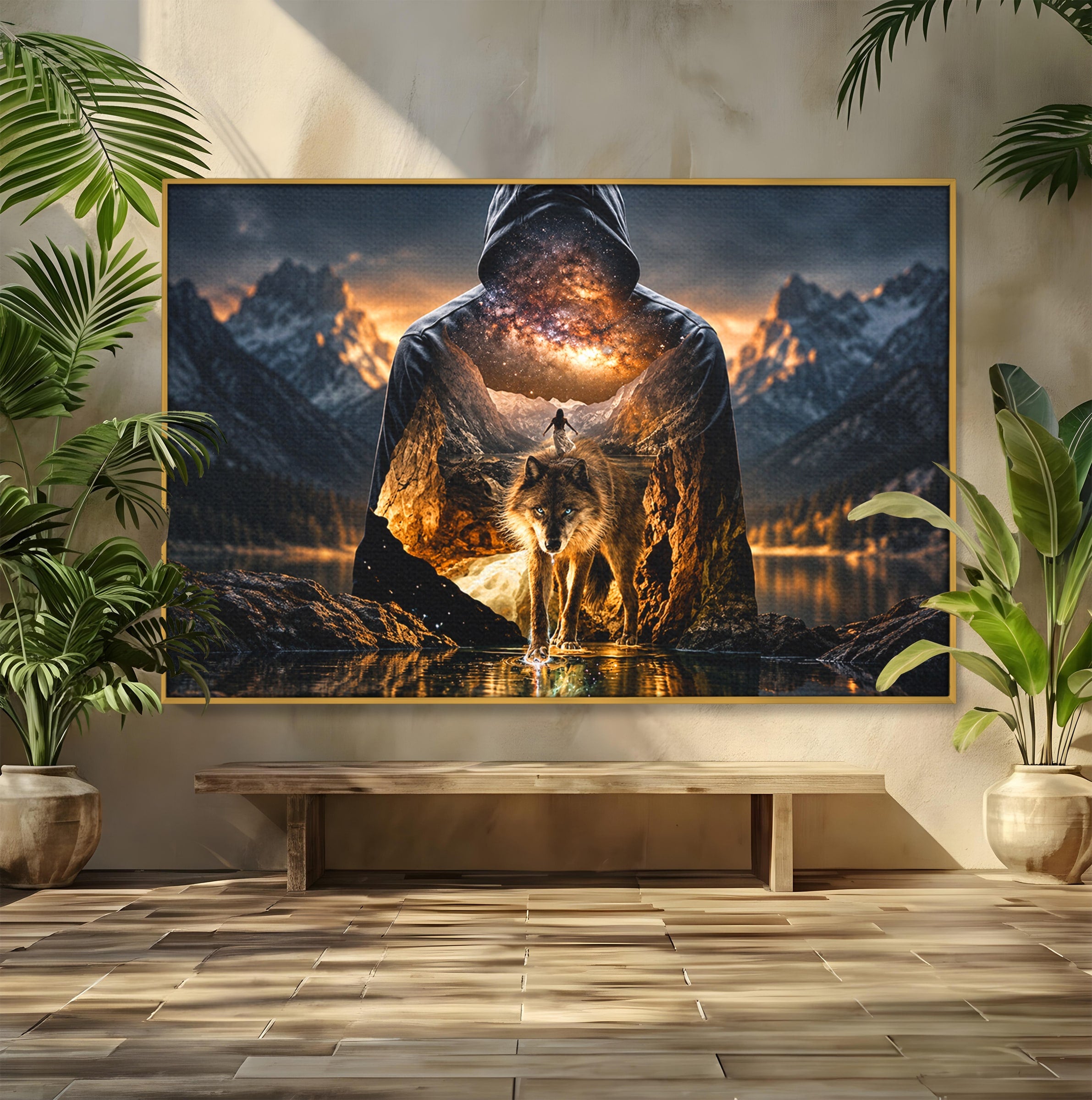 Tablou Canvas Premium LuxCanva® U1056, Lupul Cosmic, Cosmos, Munti, Aventura, Mister, Lup,  Living, Culori Vibrante