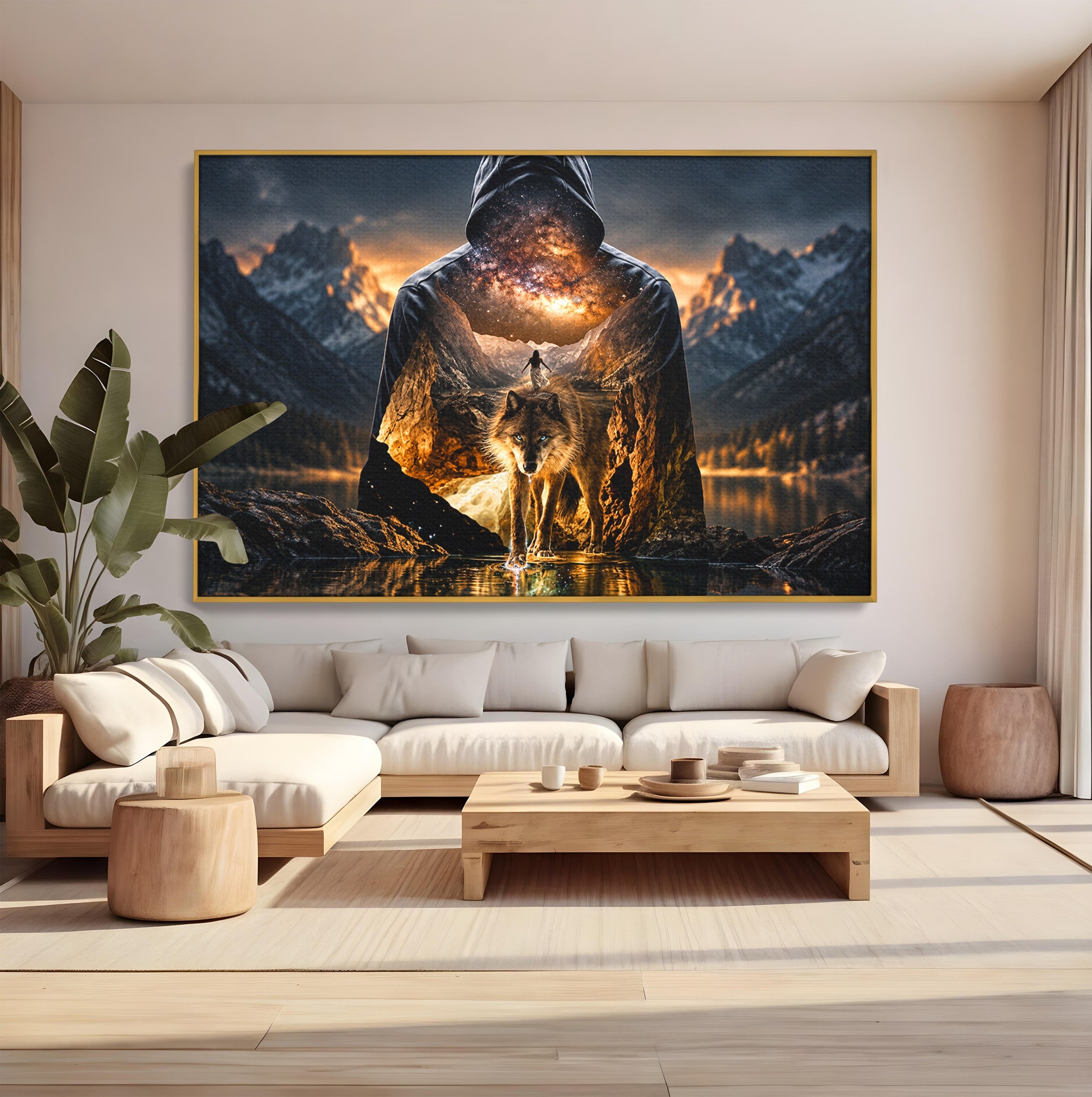 Tablou Canvas Premium LuxCanva® U1056, Lupul Cosmic, Cosmos, Munti, Aventura, Mister, Lup,  Living, Culori Vibrante