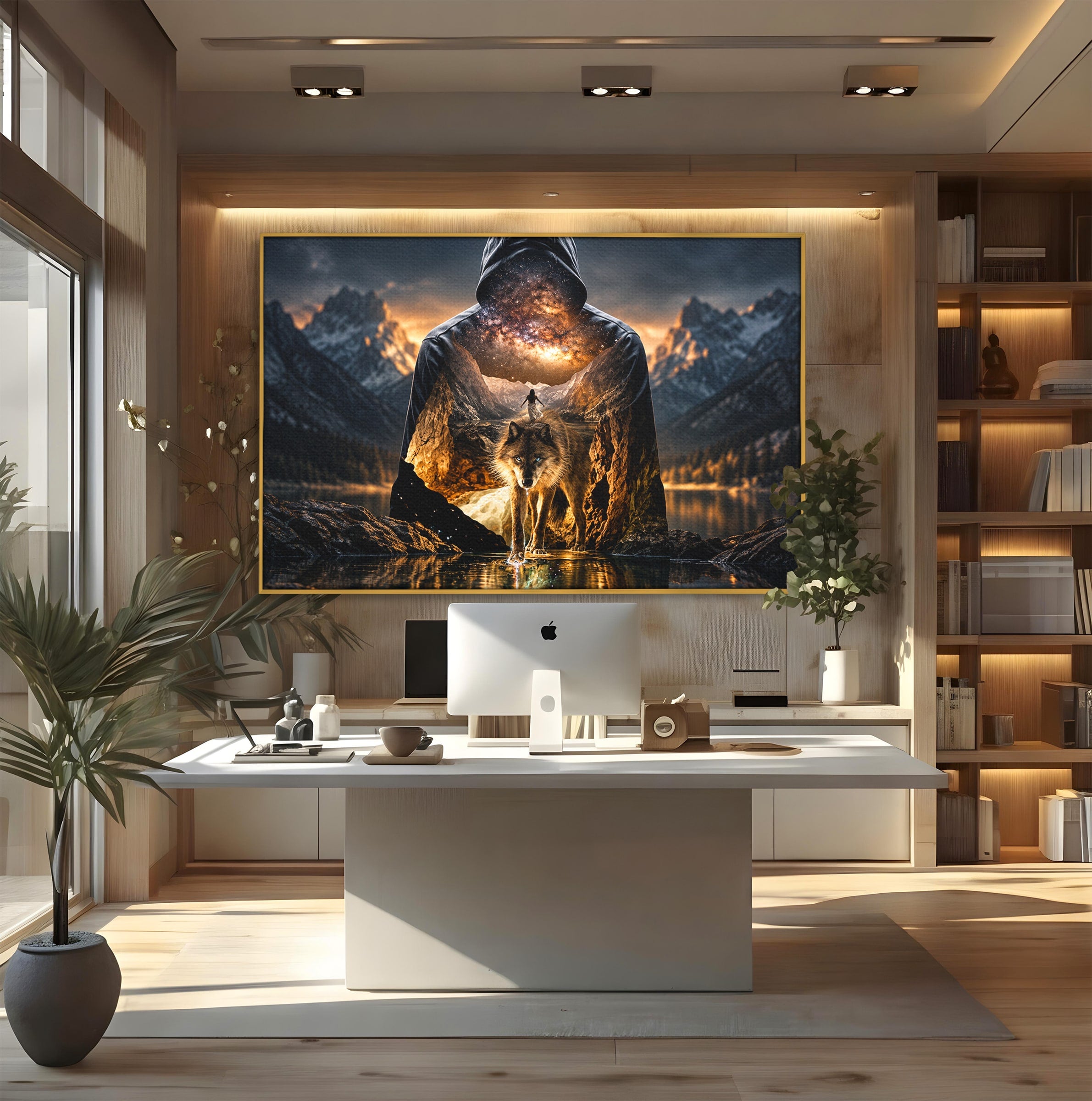 Tablou Canvas Premium LuxCanva® U1056, Lupul Cosmic, Cosmos, Munti, Aventura, Mister, Lup,  Living, Culori Vibrante