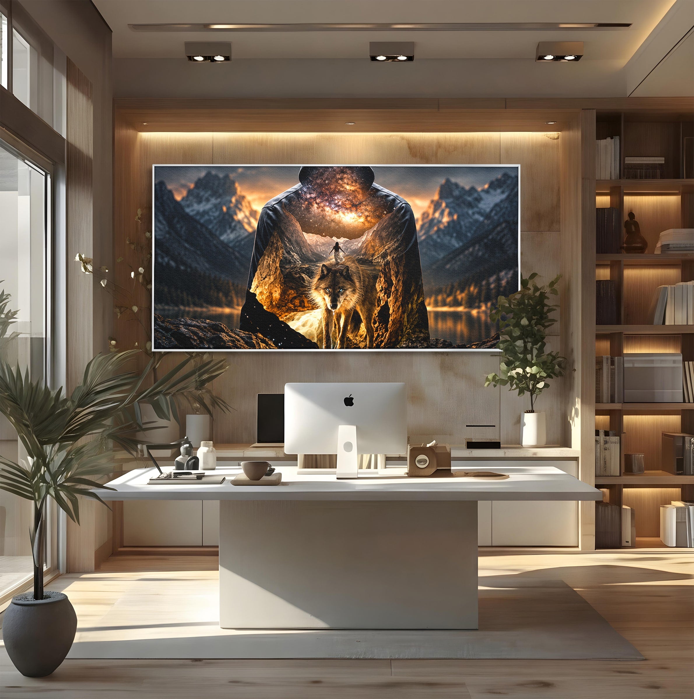 Tablou Canvas Premium LuxCanva® U1056, Lupul Cosmic, Cosmos, Munti, Aventura, Mister, Lup,  Living, Culori Vibrante
