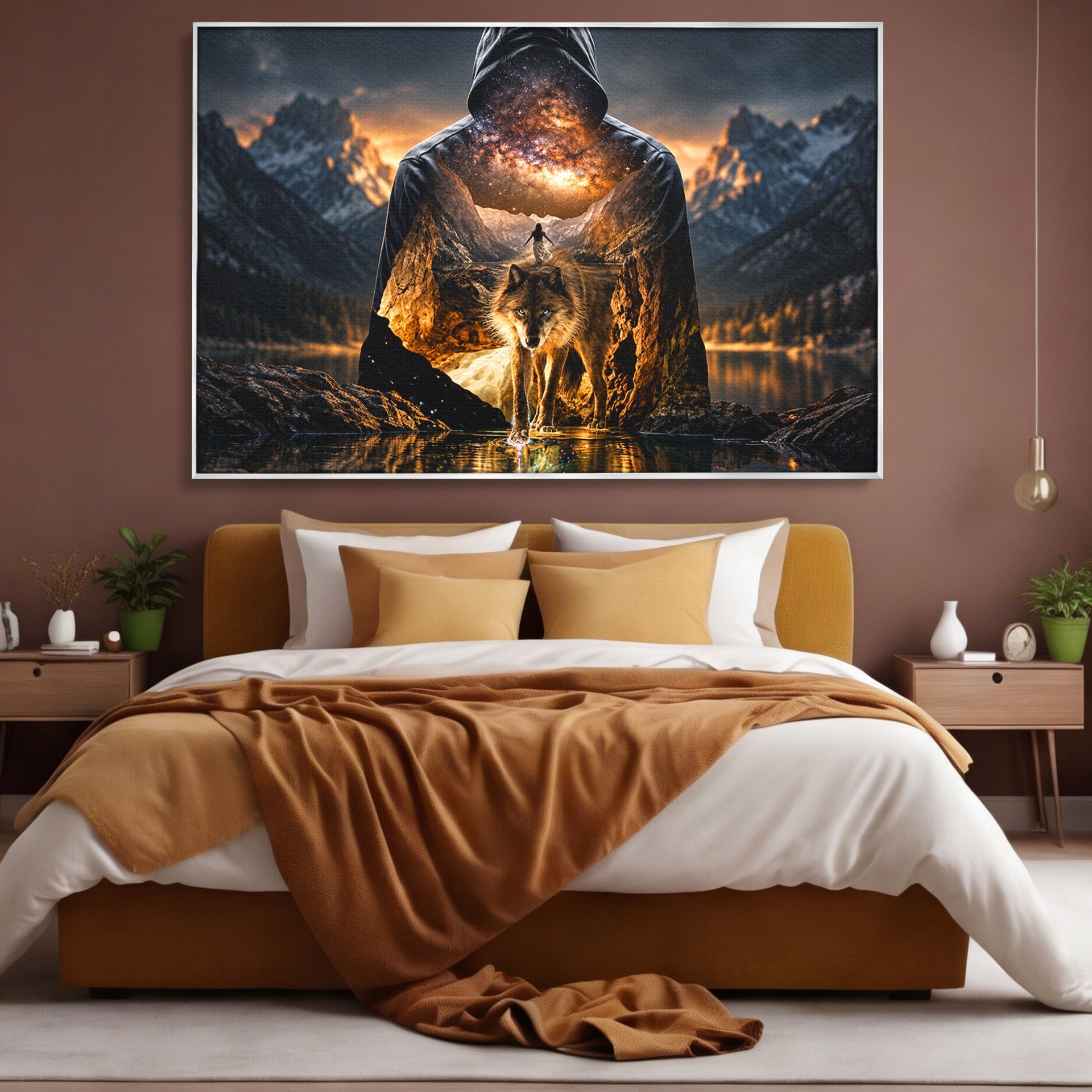 Tablou Canvas Premium LuxCanva® U1056, Lupul Cosmic, Cosmos, Munti, Aventura, Mister, Lup,  Living, Culori Vibrante