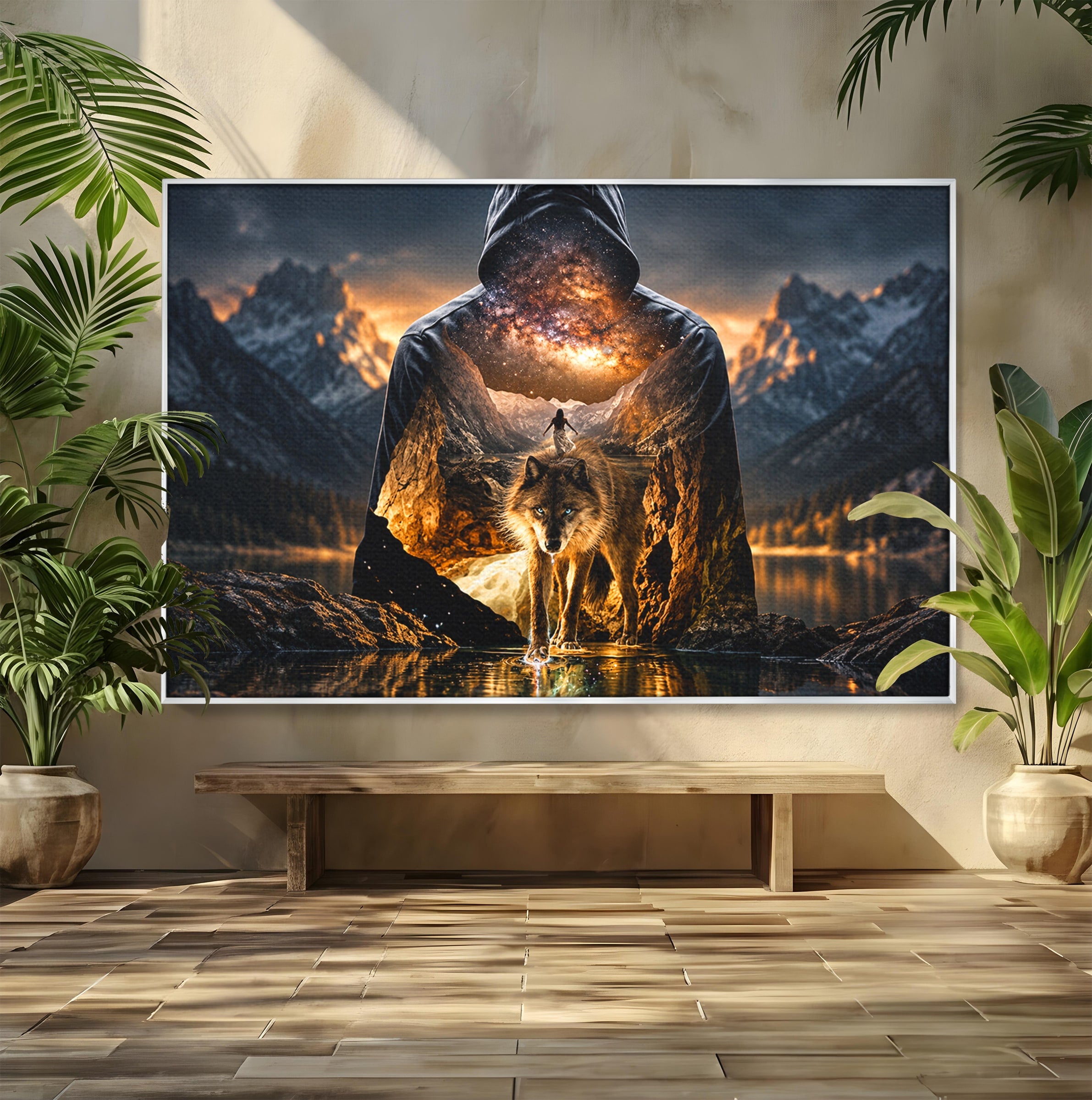 Tablou Canvas Premium LuxCanva® U1056, Lupul Cosmic, Cosmos, Munti, Aventura, Mister, Lup,  Living, Culori Vibrante