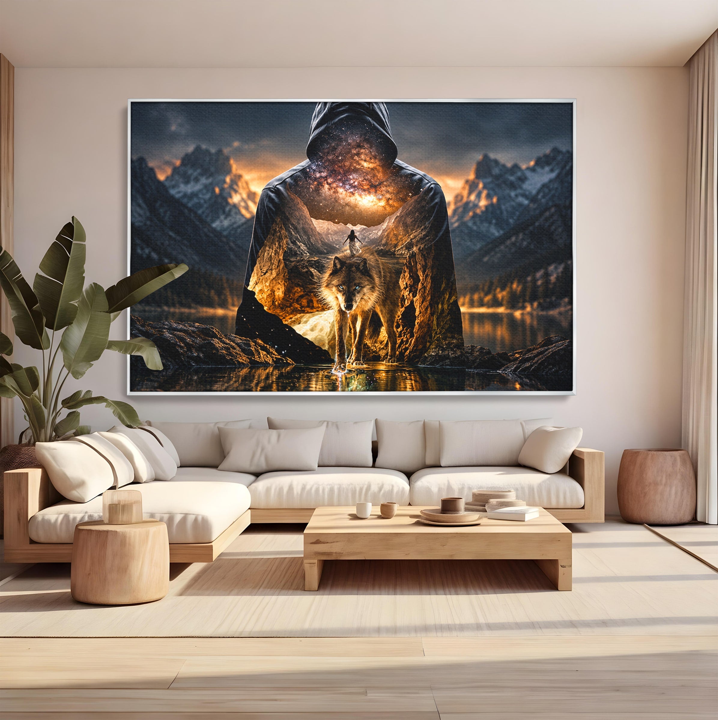 Tablou Canvas Premium LuxCanva® U1056, Lupul Cosmic, Cosmos, Munti, Aventura, Mister, Lup,  Living, Culori Vibrante