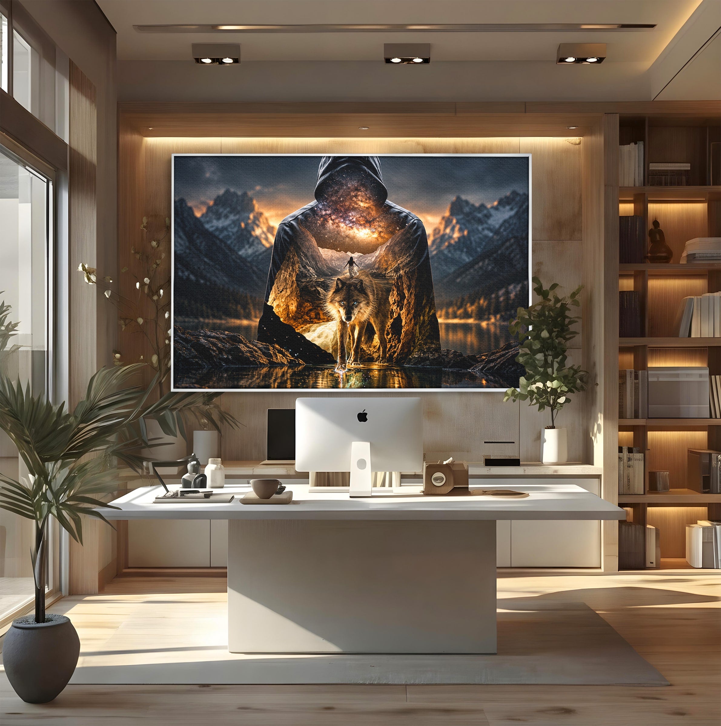 Tablou Canvas Premium LuxCanva® U1056, Lupul Cosmic, Cosmos, Munti, Aventura, Mister, Lup,  Living, Culori Vibrante