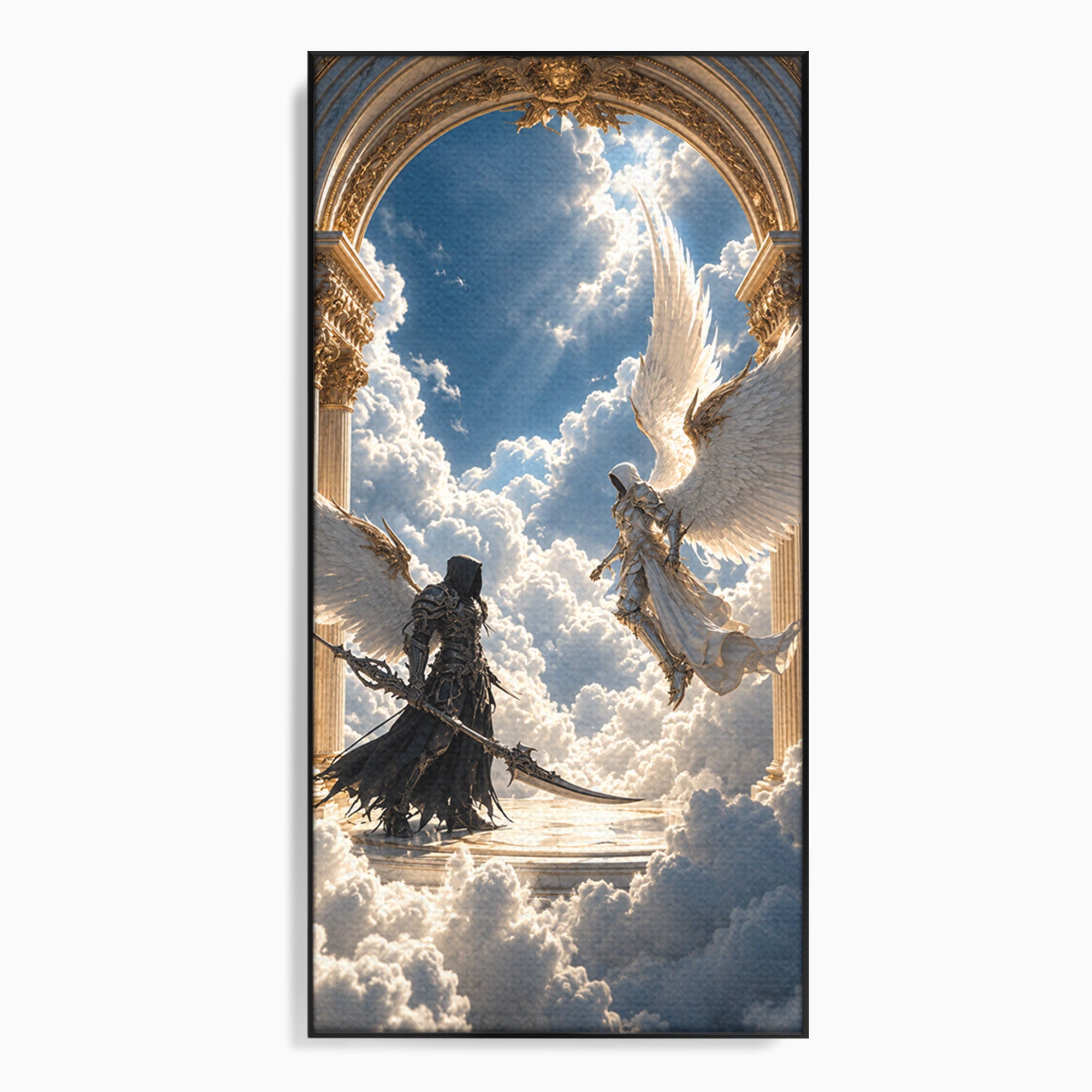 Tablou Canvas Premium LuxCanva® U1060, Inger Si Demon In Ceruri, Ceruri, Fantezie, Confruntare, Inger, Demon, Living, Culori Vibrante