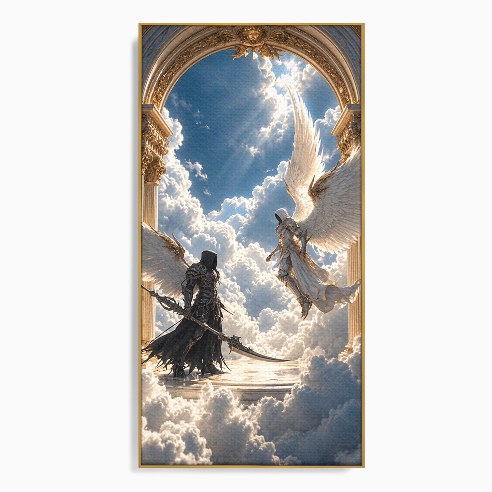 Tablou Canvas Premium LuxCanva® U1060, Inger Si Demon In Ceruri, Ceruri, Fantezie, Confruntare, Inger, Demon, Living, Culori Vibrante