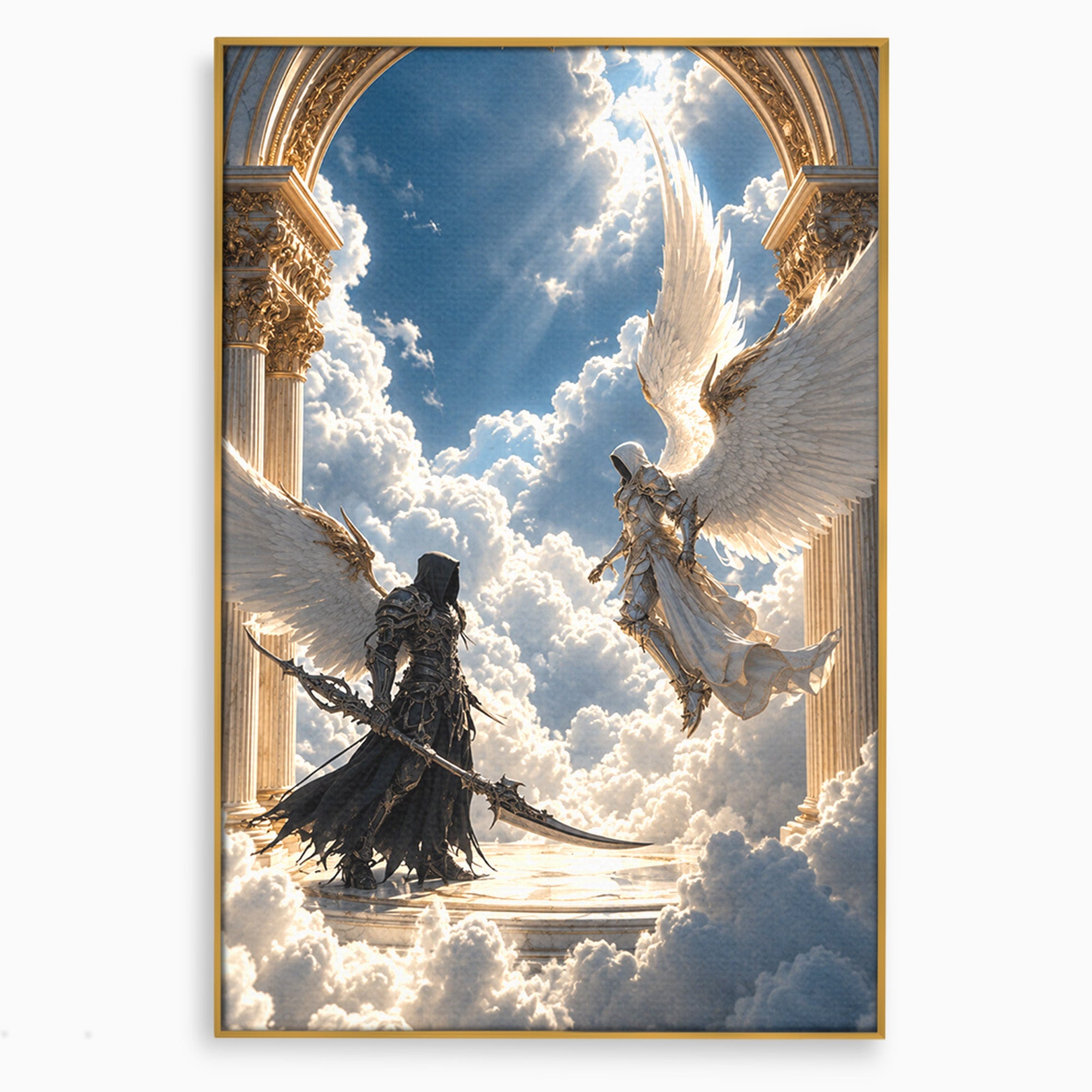 Tablou Canvas Premium LuxCanva® U1060, Inger Si Demon In Ceruri, Ceruri, Fantezie, Confruntare, Inger, Demon, Living, Culori Vibrante